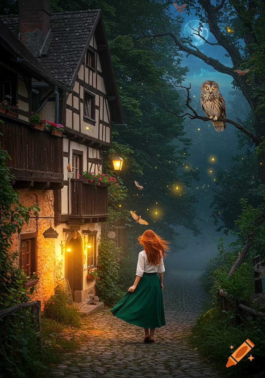 A red-haired woman walks away from an illuminated old half-timbered house into a misty forest at night with an owl, full moon, and fireflies.