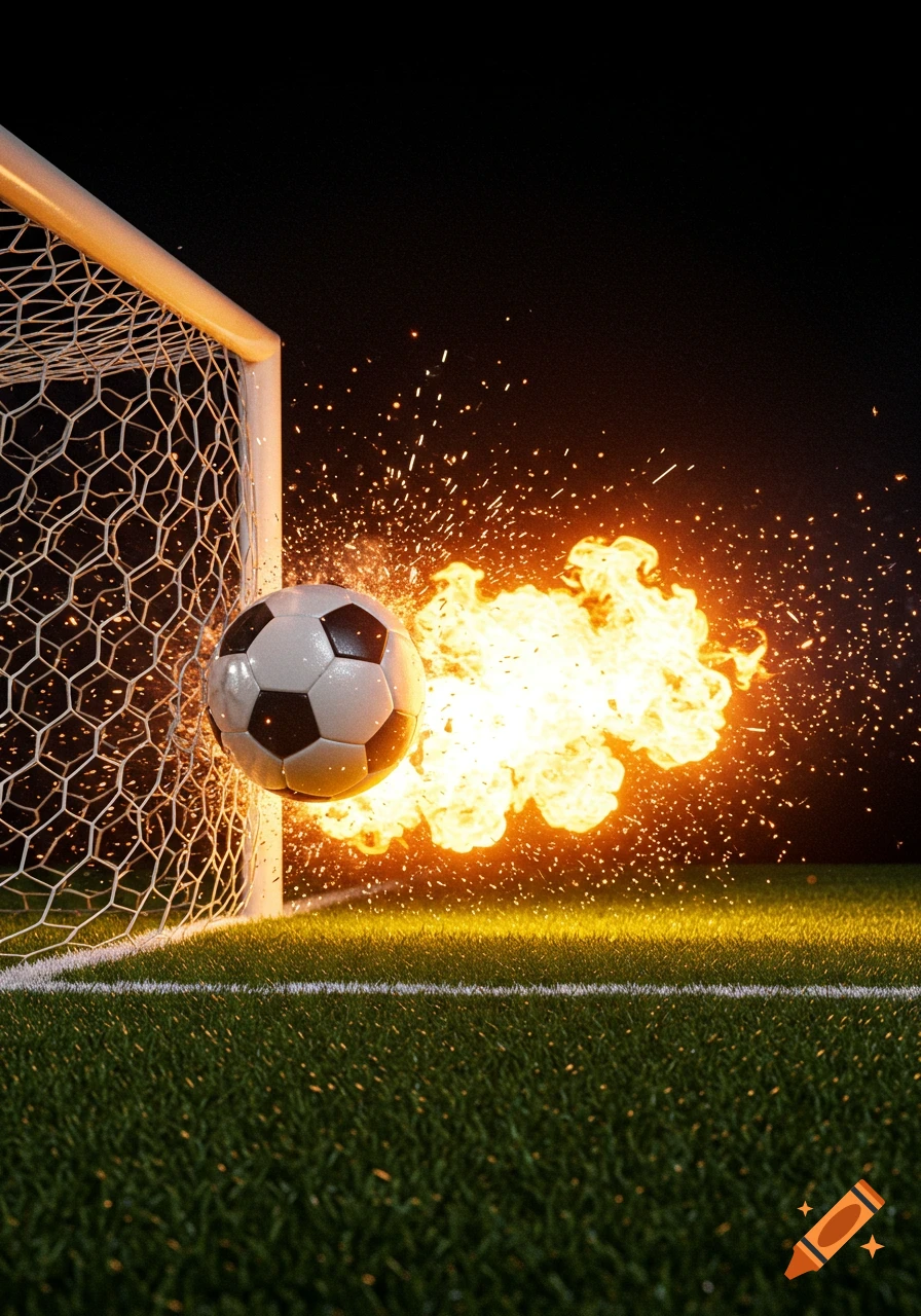A photorealistic soccer ball, engulfed in flames and sparks, flies into a soccer goal net on a green field.