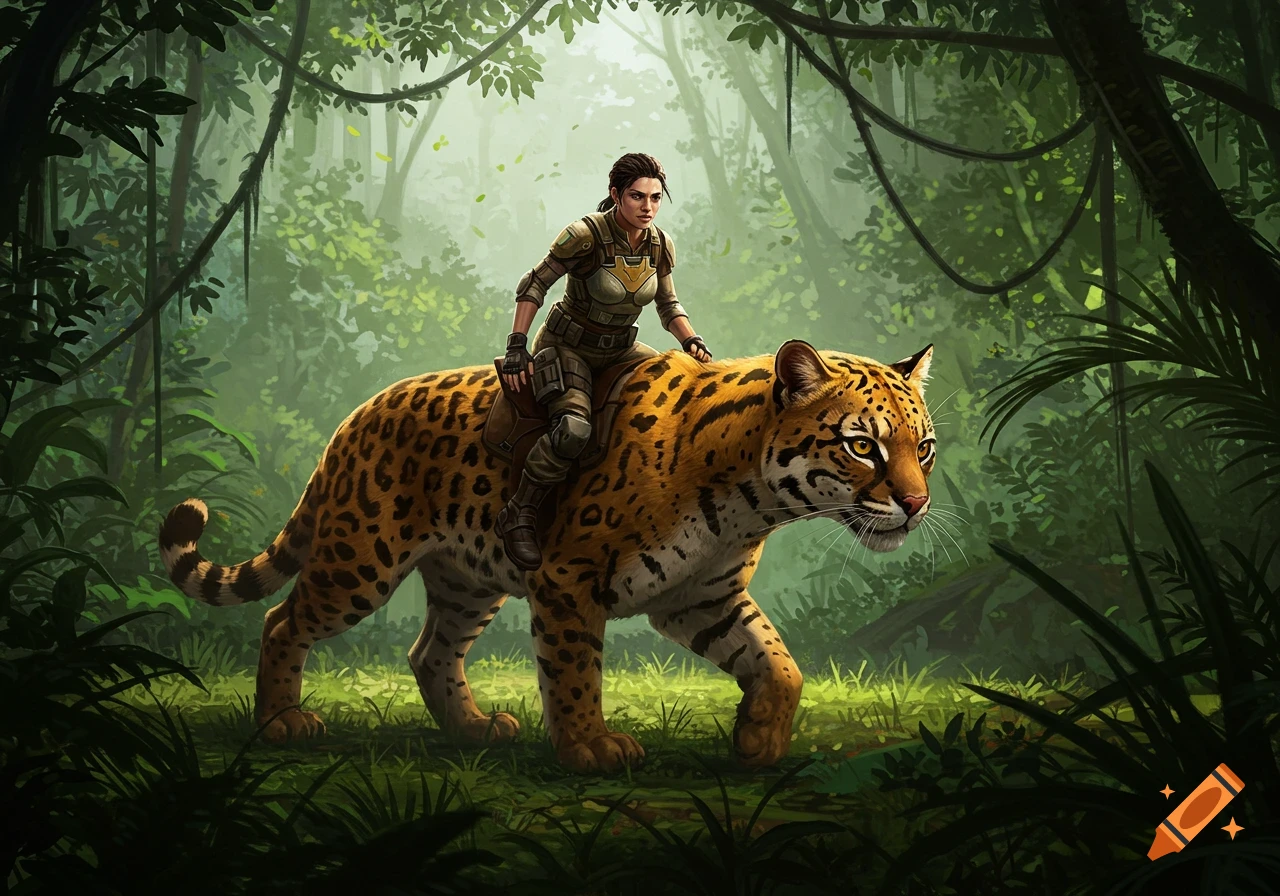 A woman in military gear rides a large leopard-like wildcat through a lush, sun-dappled jungle. Digital art.
