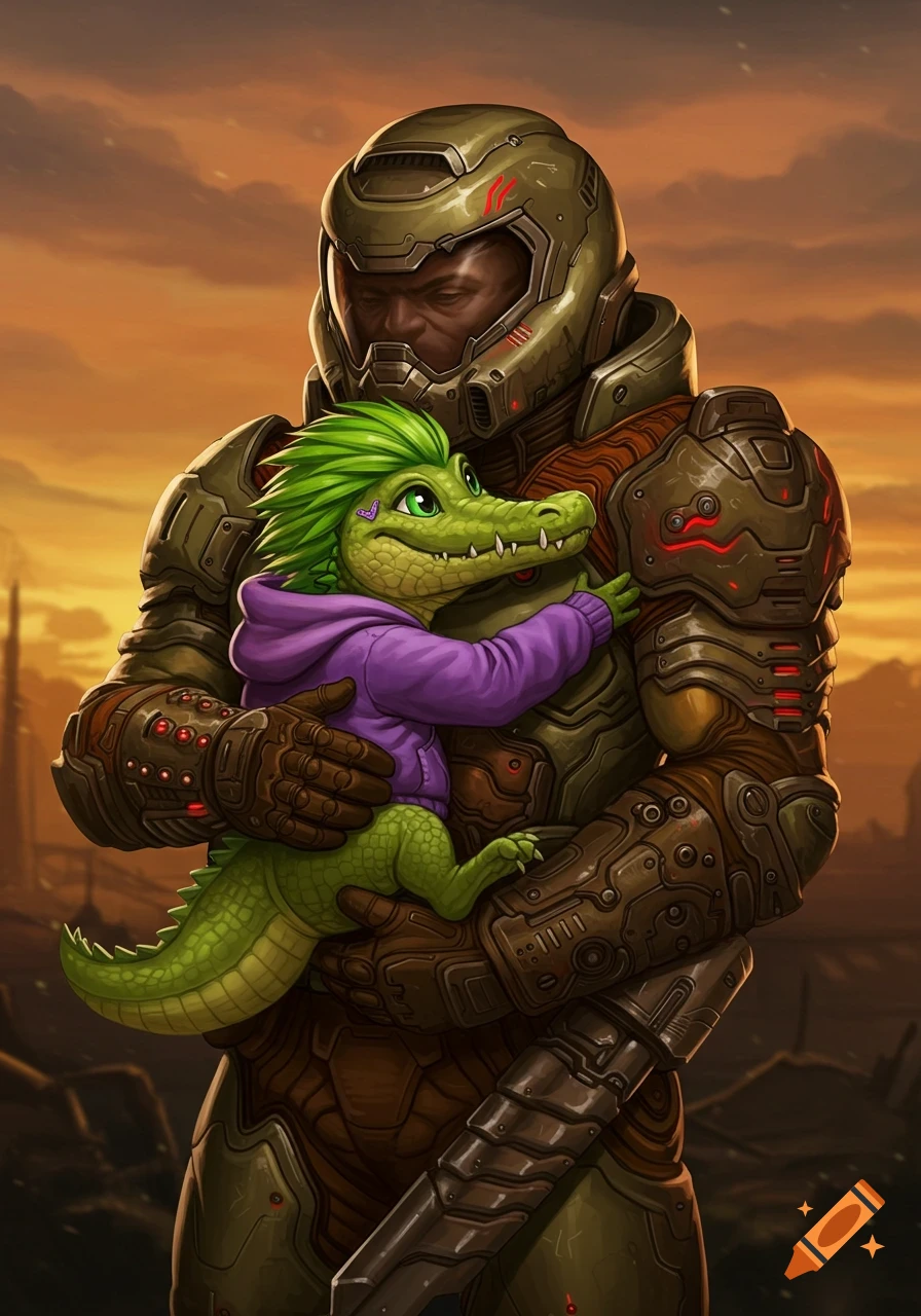 Doomguy in armor gently holds a small green alligator with green hair and a purple hoodie, digital illustration.