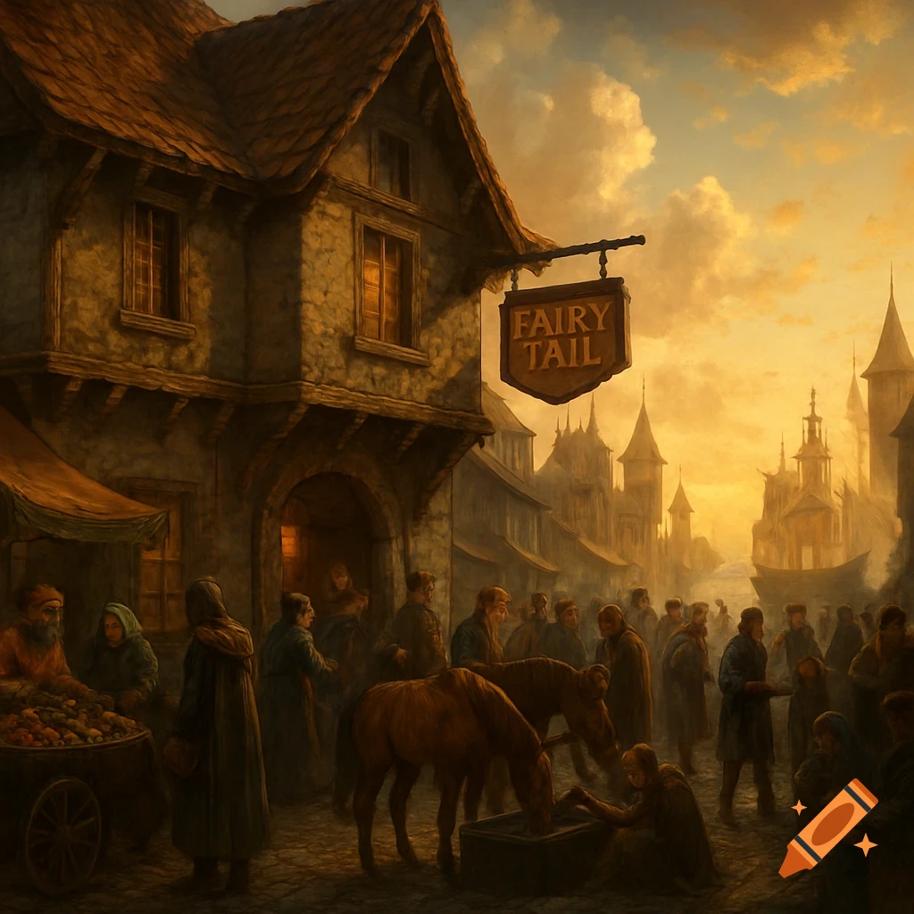A busy medieval fantasy town street at sunset, with an inn sign 'Fairy Tail', merchants, horses, and people.