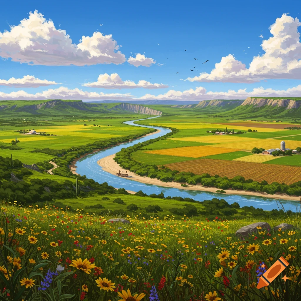 Vibrant illustration of a winding river flowing through green and golden fields, flanked by mountains under a blue sky with fluffy clouds.