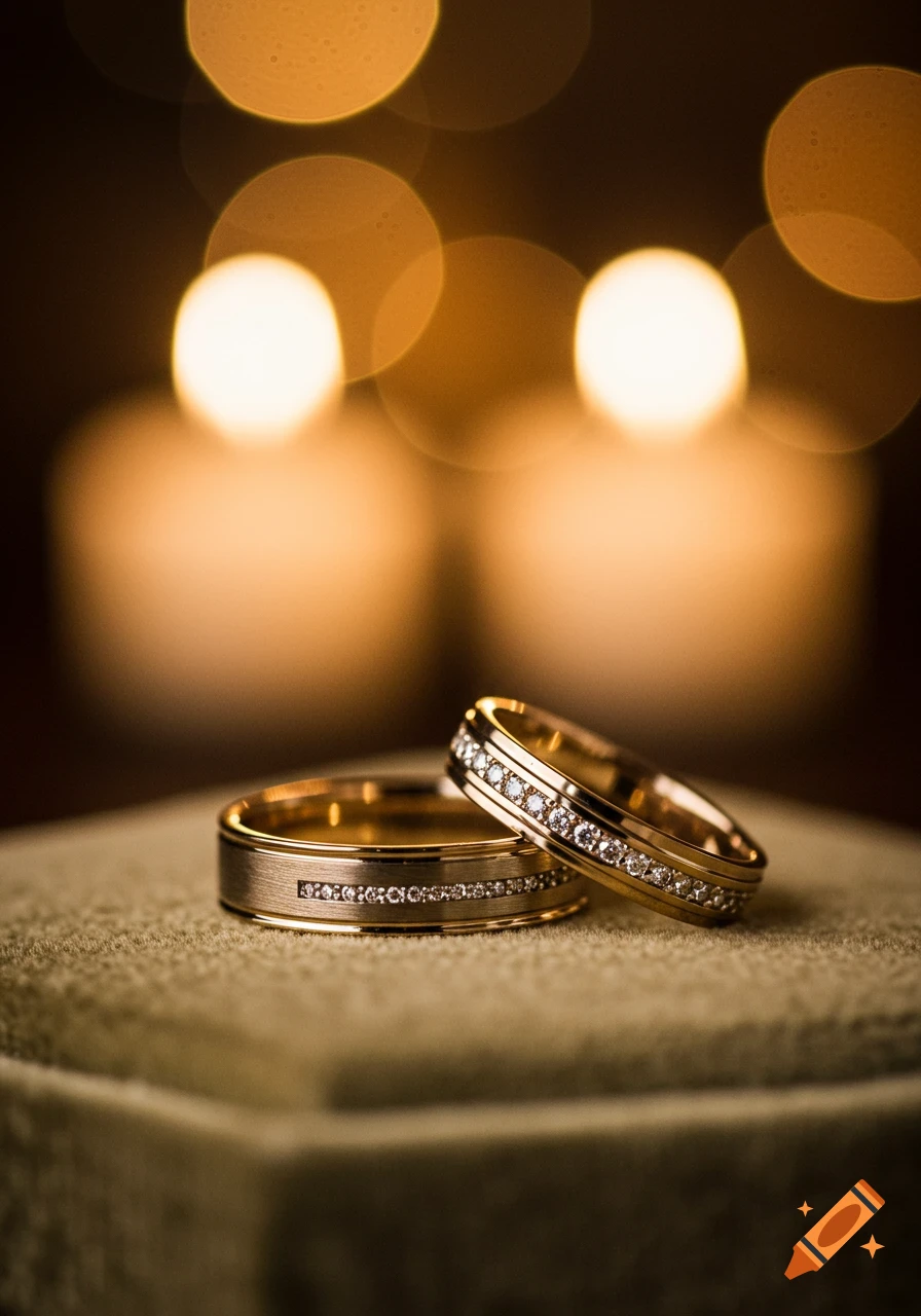 Two gold wedding rings with diamonds on a velvet surface, with a blurred bokeh background of warm lights.