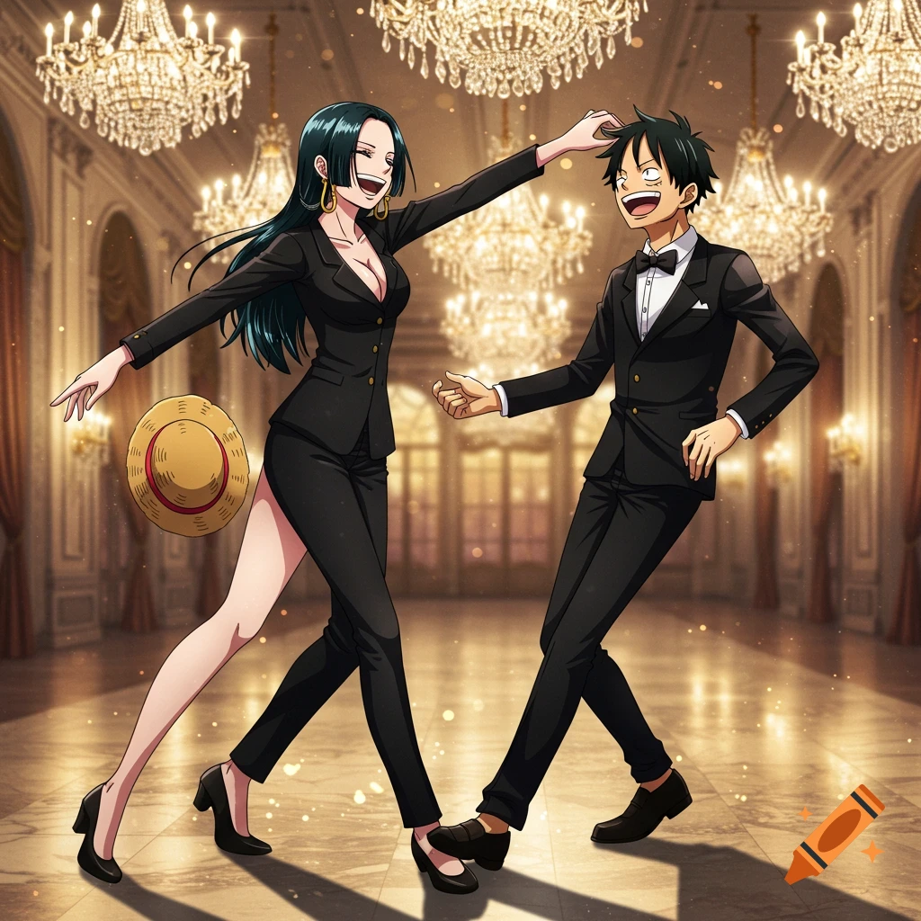 Anime characters Luffy and Hancock, dressed in black suits, happily dance in a lavish ballroom with chandeliers.