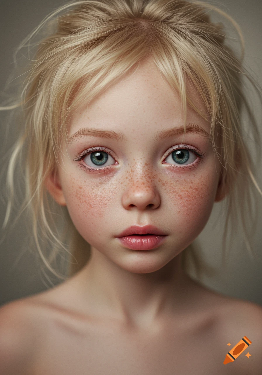 Close-up photorealistic portrait of a young blonde girl with freckles and striking blue-green eyes, her hair slightly messy.