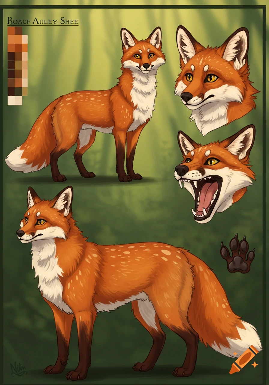 An orange fox character reference sheet with white markings and dark paws on a green background. It shows two full-body poses, a headshot, and an open-mouth close-up revealing teeth.