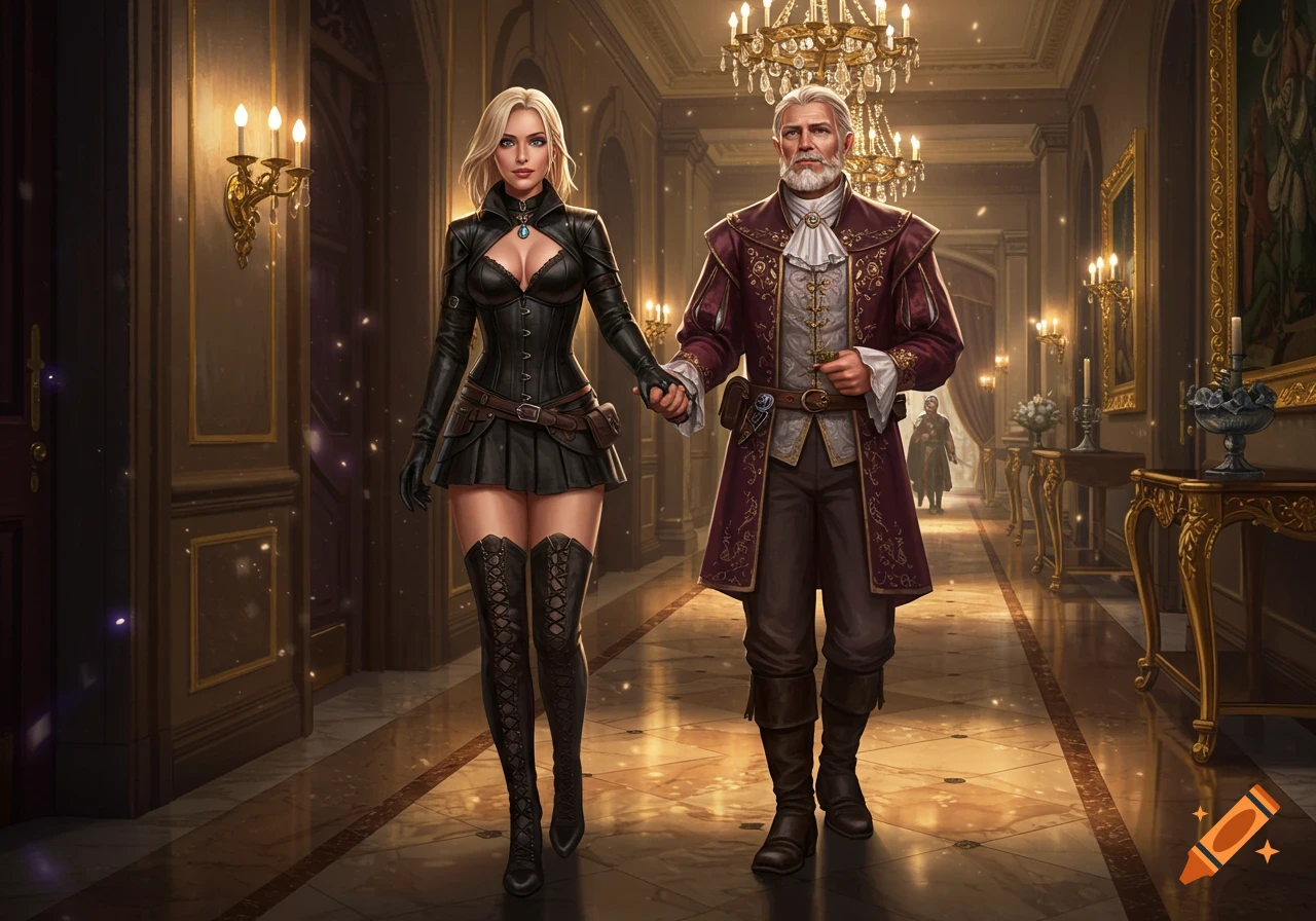 A blonde woman in black leather and a bearded man in noble attire walk hand-in-hand down a grand, chandelier-lit hallway.