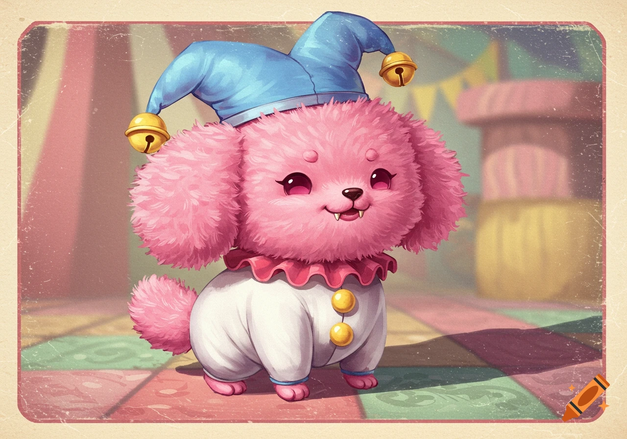 A cute, fluffy pink dog in a blue jester hat and white suit with a red ruff, smiling with fangs in a vintage circus setting.
