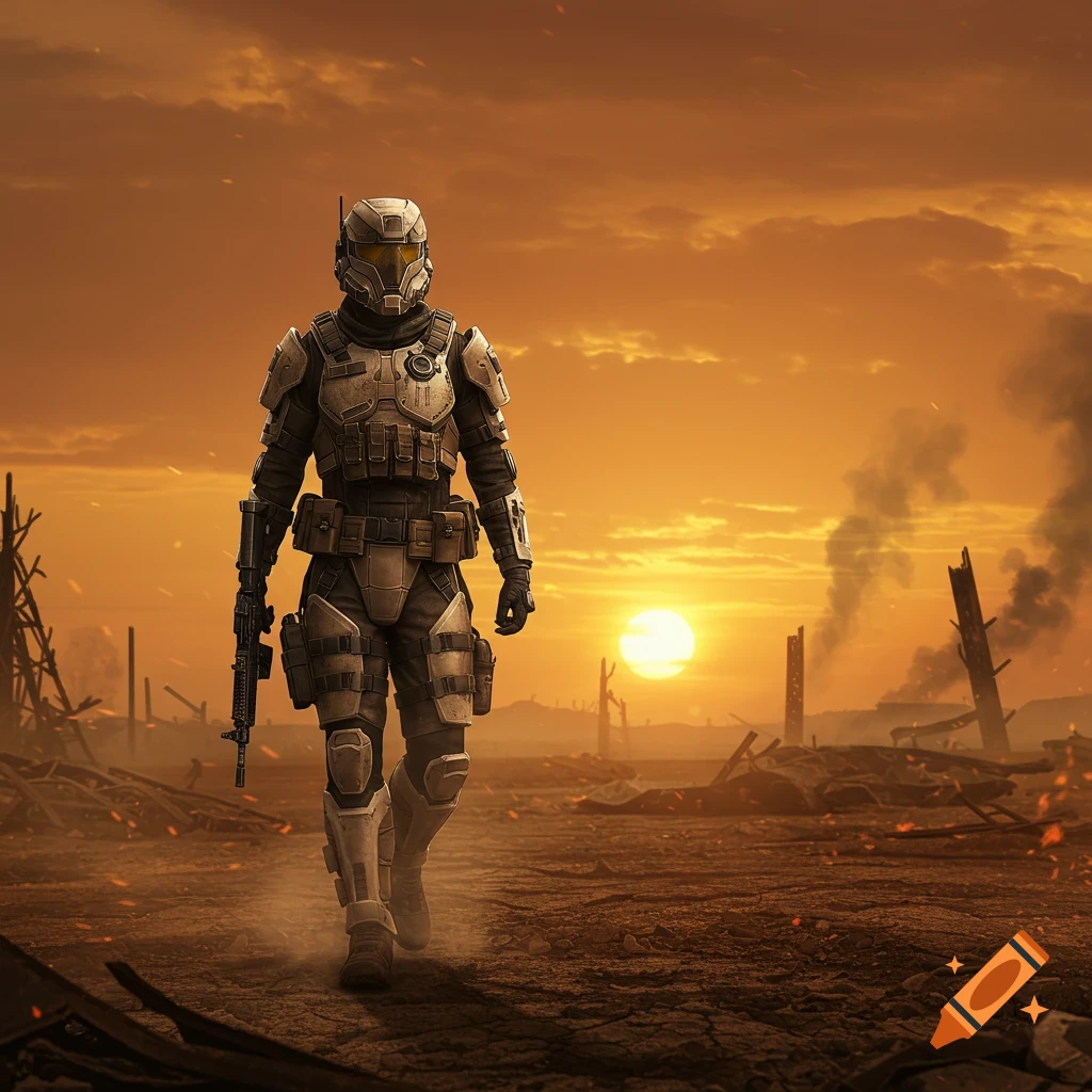 A futuristic soldier in full armor walks through a desolate, smoky, post-apocalyptic landscape under an orange sunset.