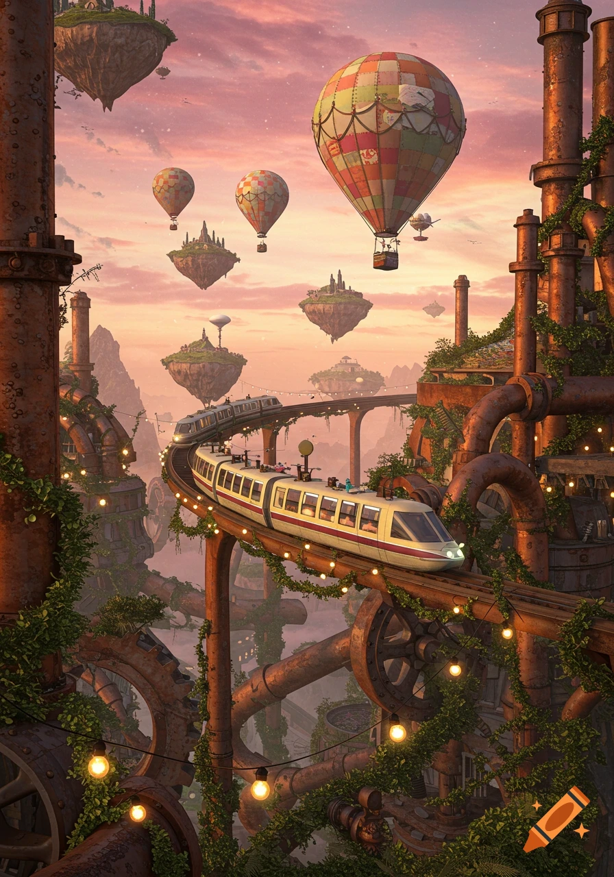 A fantastical steampunk city at sunset with floating islands, hot air balloons, and a train on elevated tracks surrounded by overgrown pipes.