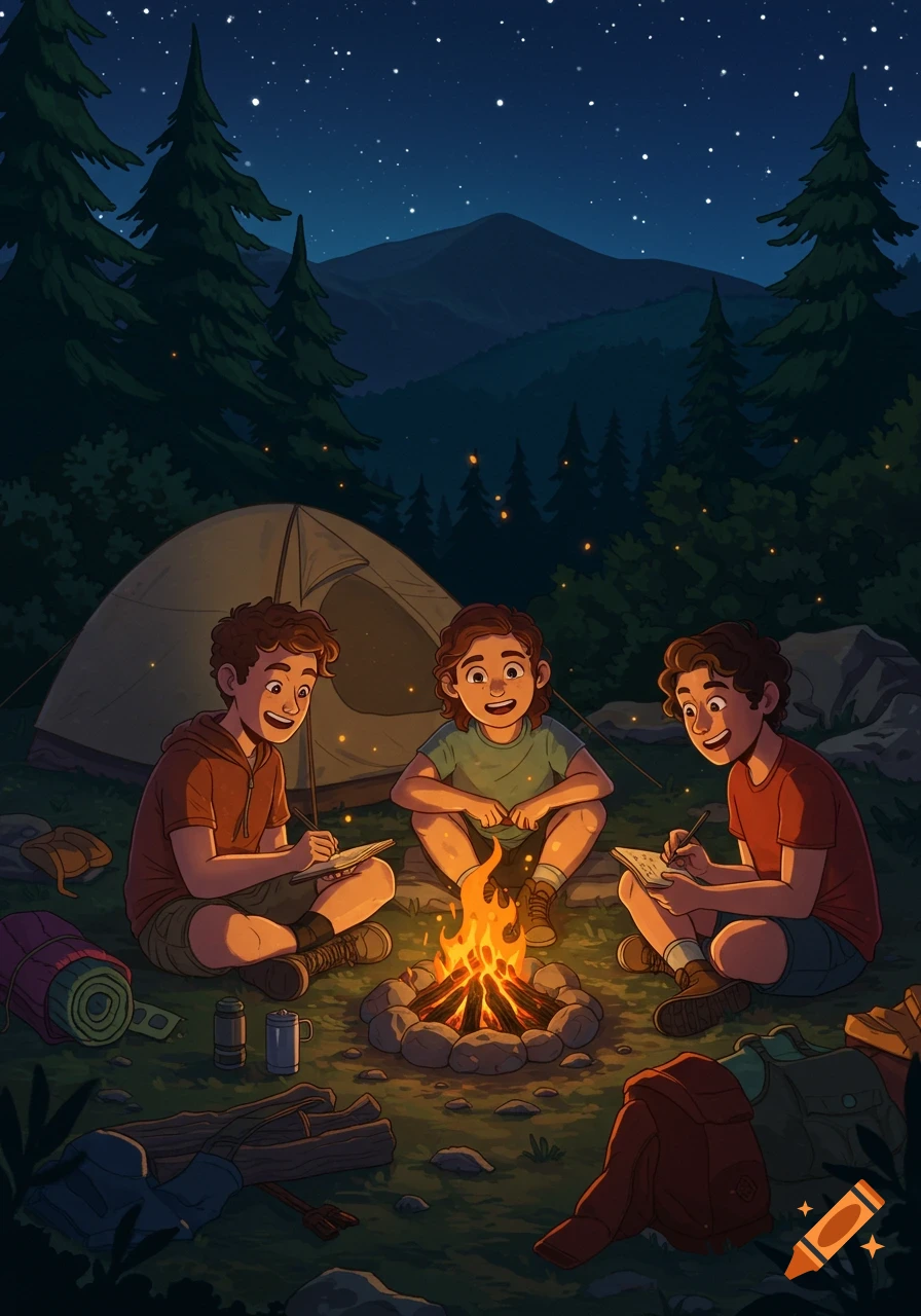 Three cartoon friends camp in mountains at night, sitting around a campfire, with a tent and gear, some sketching.