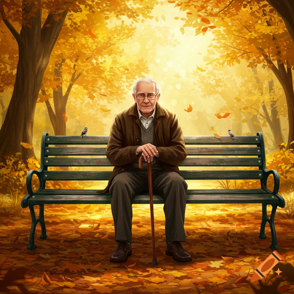 An illustrated elderly man with glasses sits on a park bench, holding a cane, surrounded by golden autumn leaves and trees.