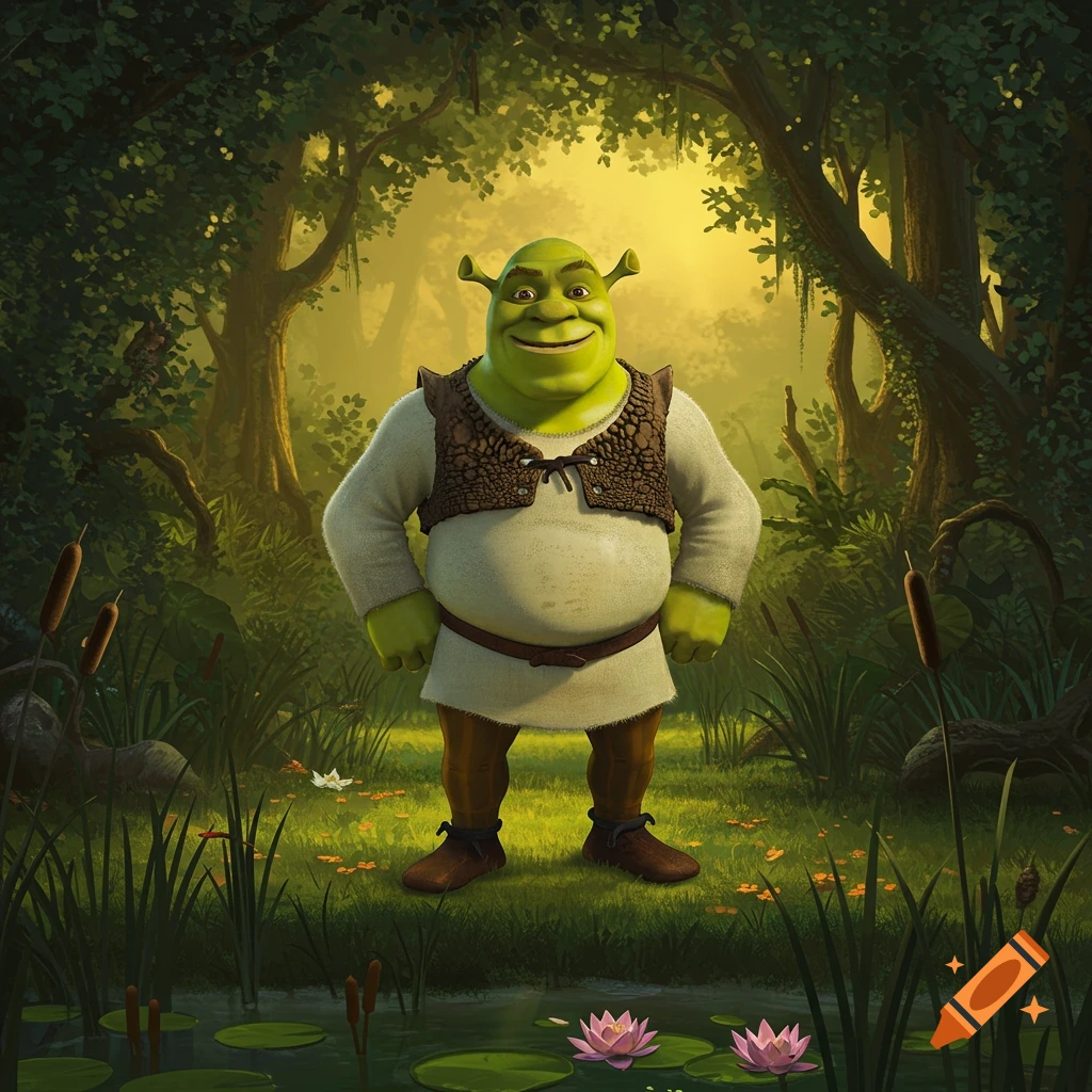 Shrek, a green ogre, stands smiling in a sun-dappled swamp with trees, lily pads, and cattails, in an animated style.