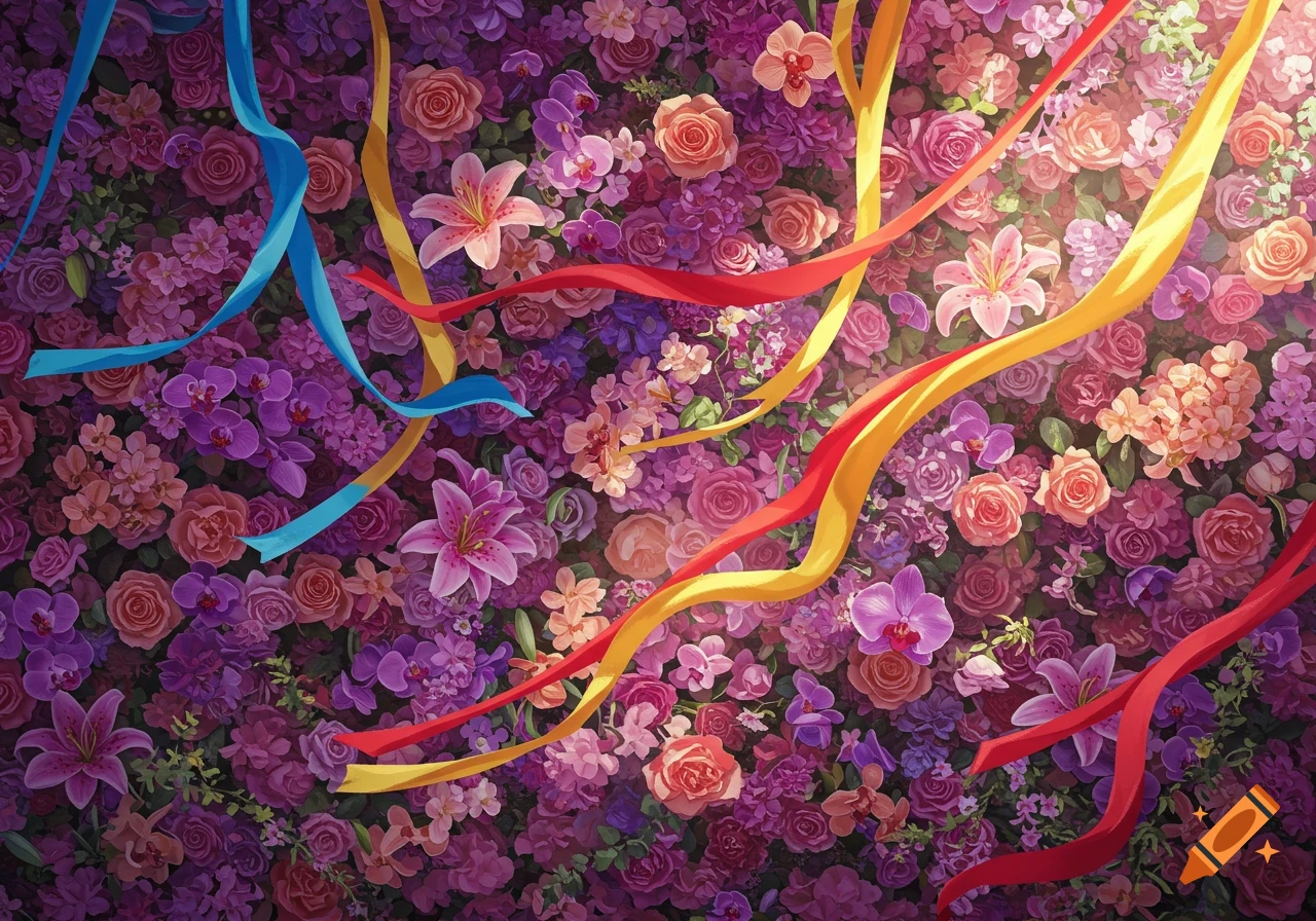 A vibrant wall of pink and purple flowers like roses, lilies, and orchids, with colorful blue, red, and yellow ribbons weaving through.