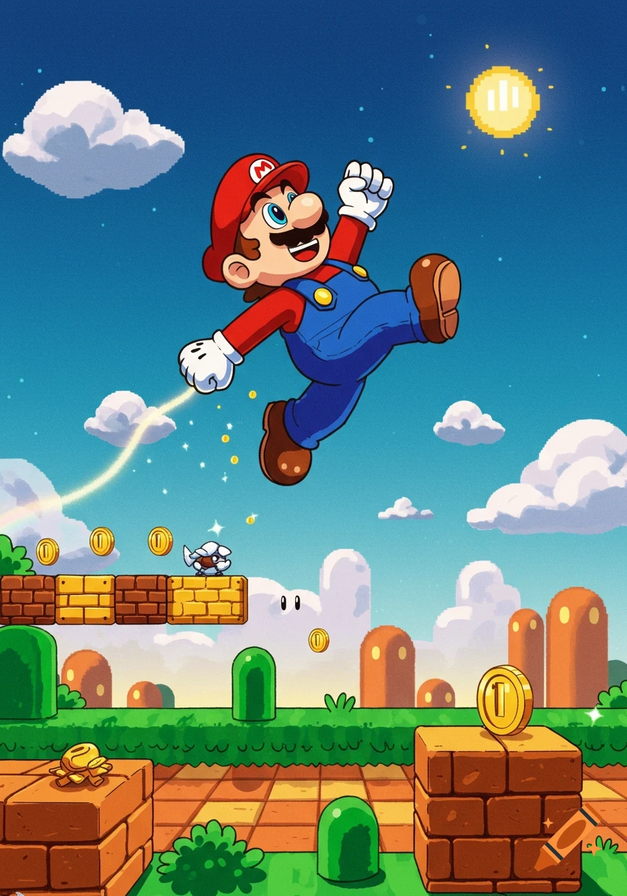 Cartoon Mario jumps high in a vibrant Super Mario Bros. level with pixelated clouds, coins, and blocks.