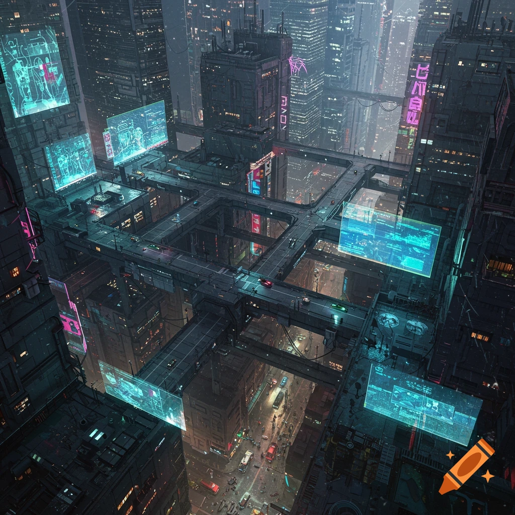 Bird's eye view of a dense, futuristic cyberpunk city with glowing neon signs, multi-level roads, and towering skyscrapers under a hazy sky.