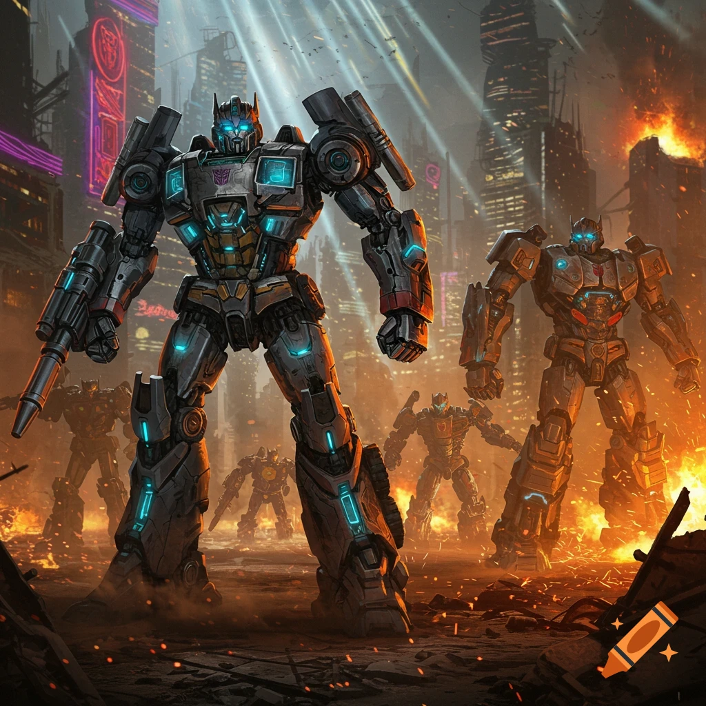 Massive Transformers-like robots with glowing blue accents stand amidst a burning, futuristic city at dusk, in a dark, action-packed style.
