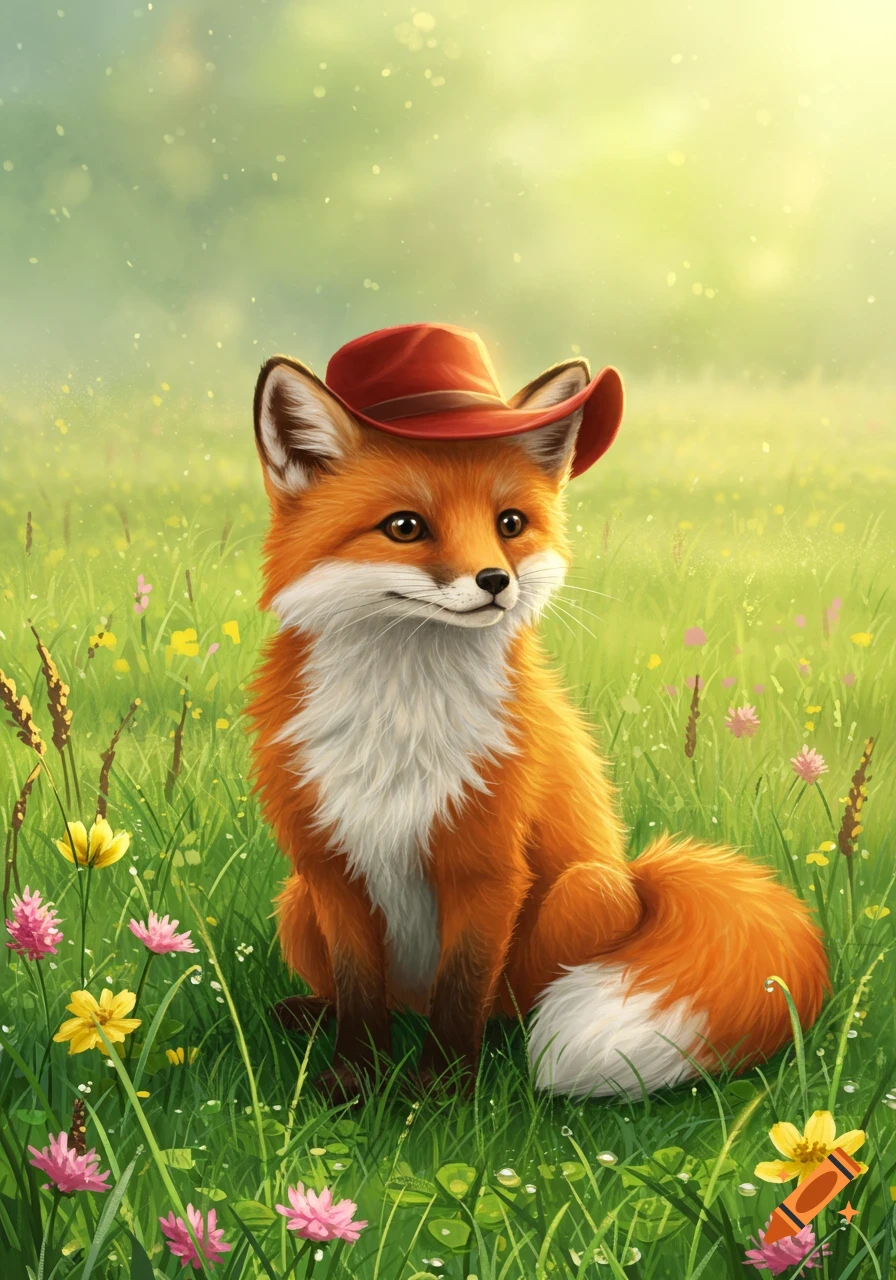 A cute, stylized red fox wearing a red cowboy hat sits in a vibrant green meadow filled with colorful wildflowers, bathed in warm sunlight.