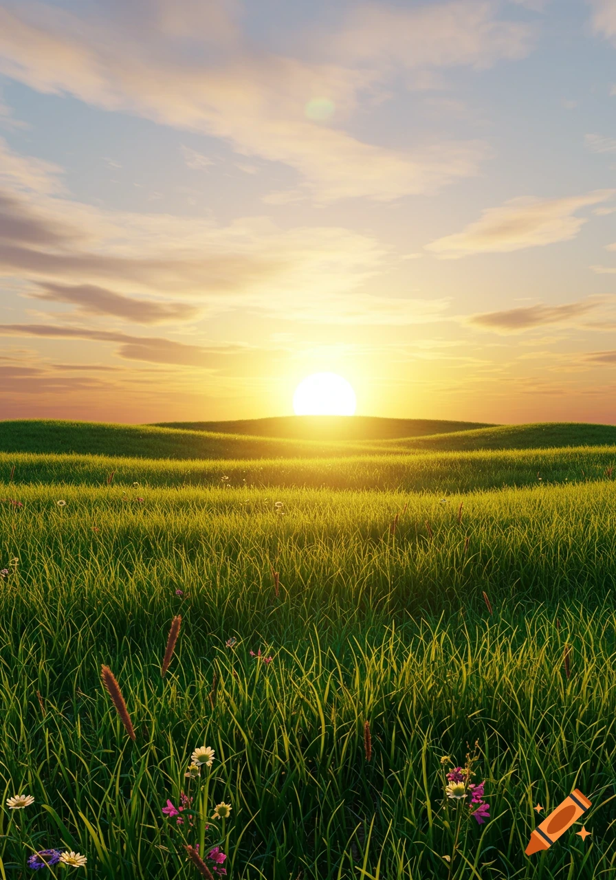 A vibrant green field with rolling hills under a bright sunset sky.