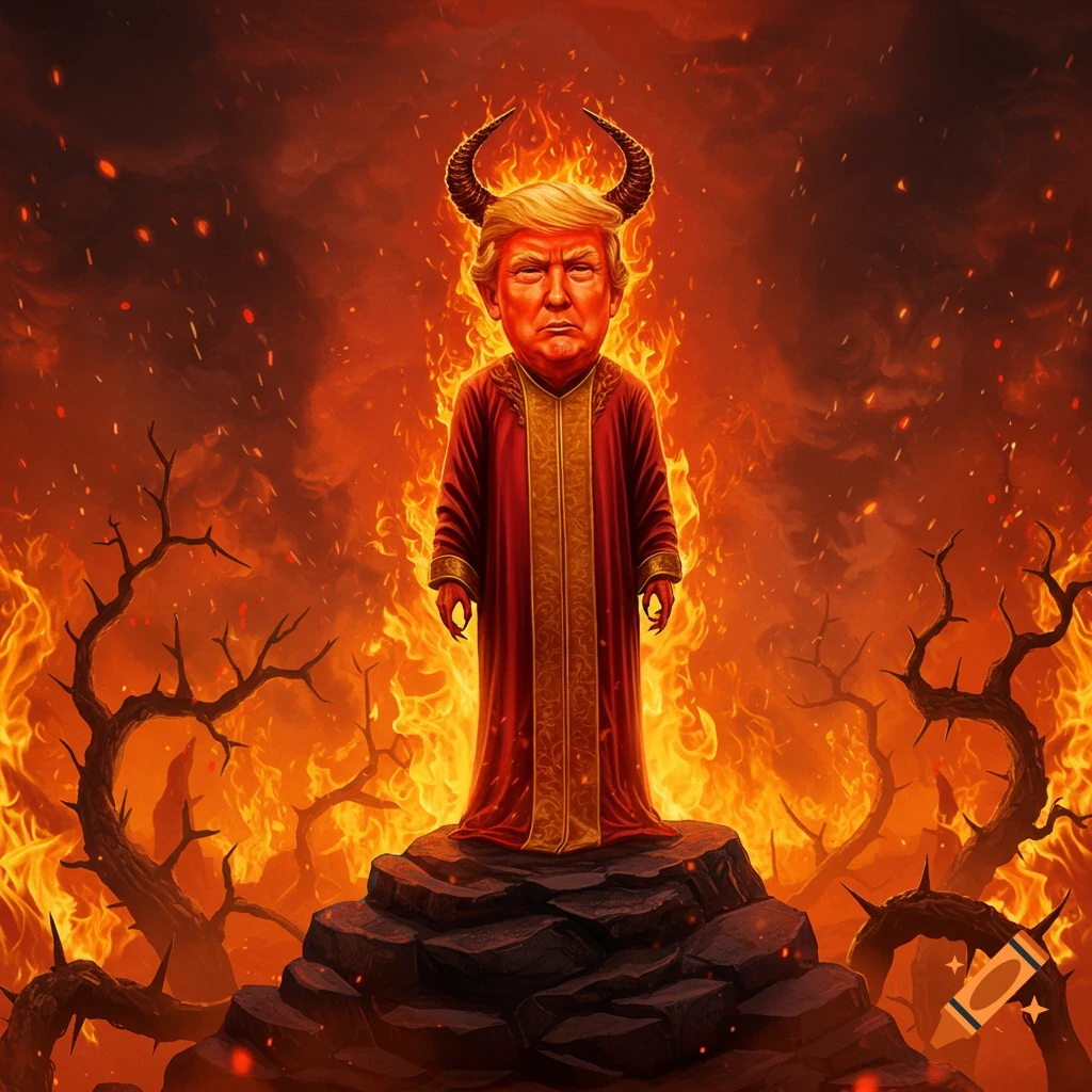 Caricature of Donald Trump as a devil with horns, wearing a red robe, standing in a fiery, hellish landscape.