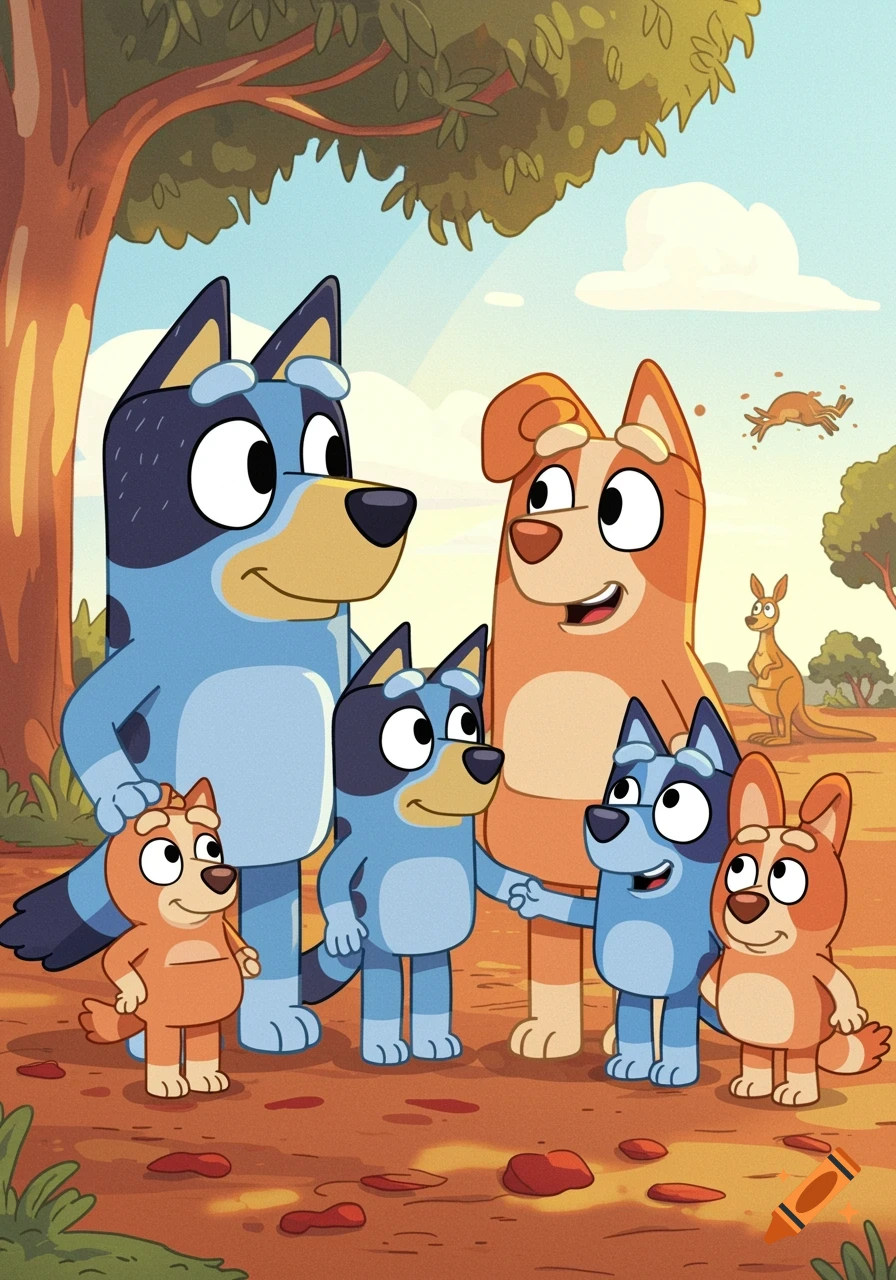 A cartoon family of anthropomorphic dogs, resembling Bluey characters, stands in an Australian landscape with kangaroos in the background.