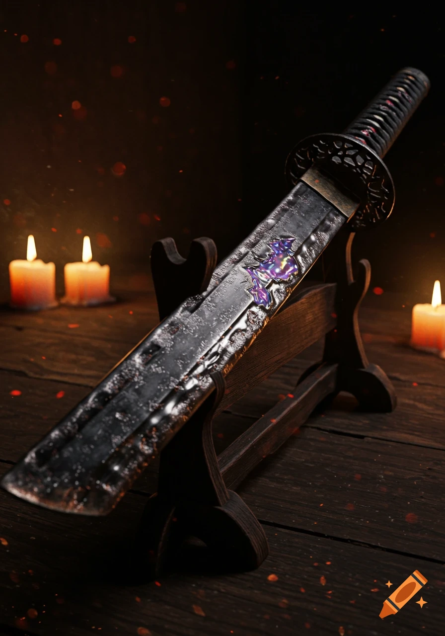 A realistic, heavily tarnished katana with a purple pearlescent inlay rests on a wooden stand, illuminated by candles in a dark setting.