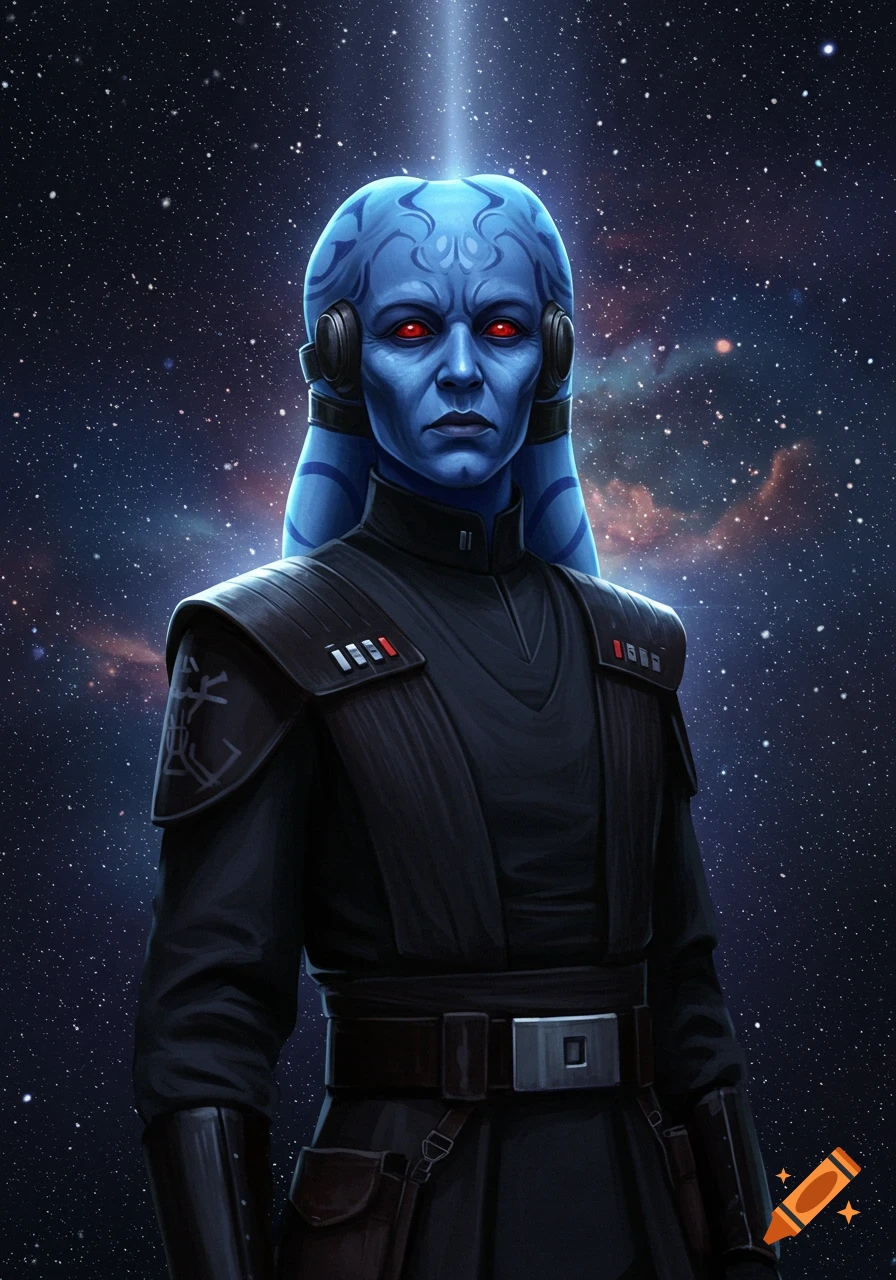 A stern, blue-skinned Chiss woman in a dark Star Wars uniform against a starry cosmic background.