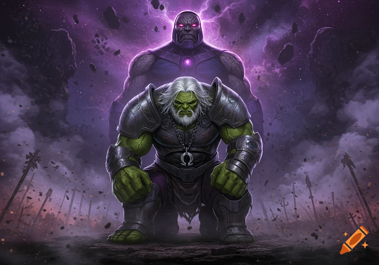World War Hulk, armored with an omega symbol, kneels before Darkseid in a cosmic, purple-tinged battlefield, comic art style.