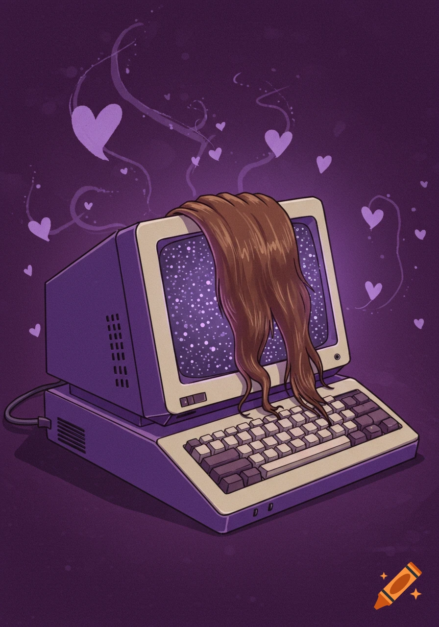 Stylized illustration of a purple retro computer with brown hair spilling from its starry screen, surrounded by purple hearts.