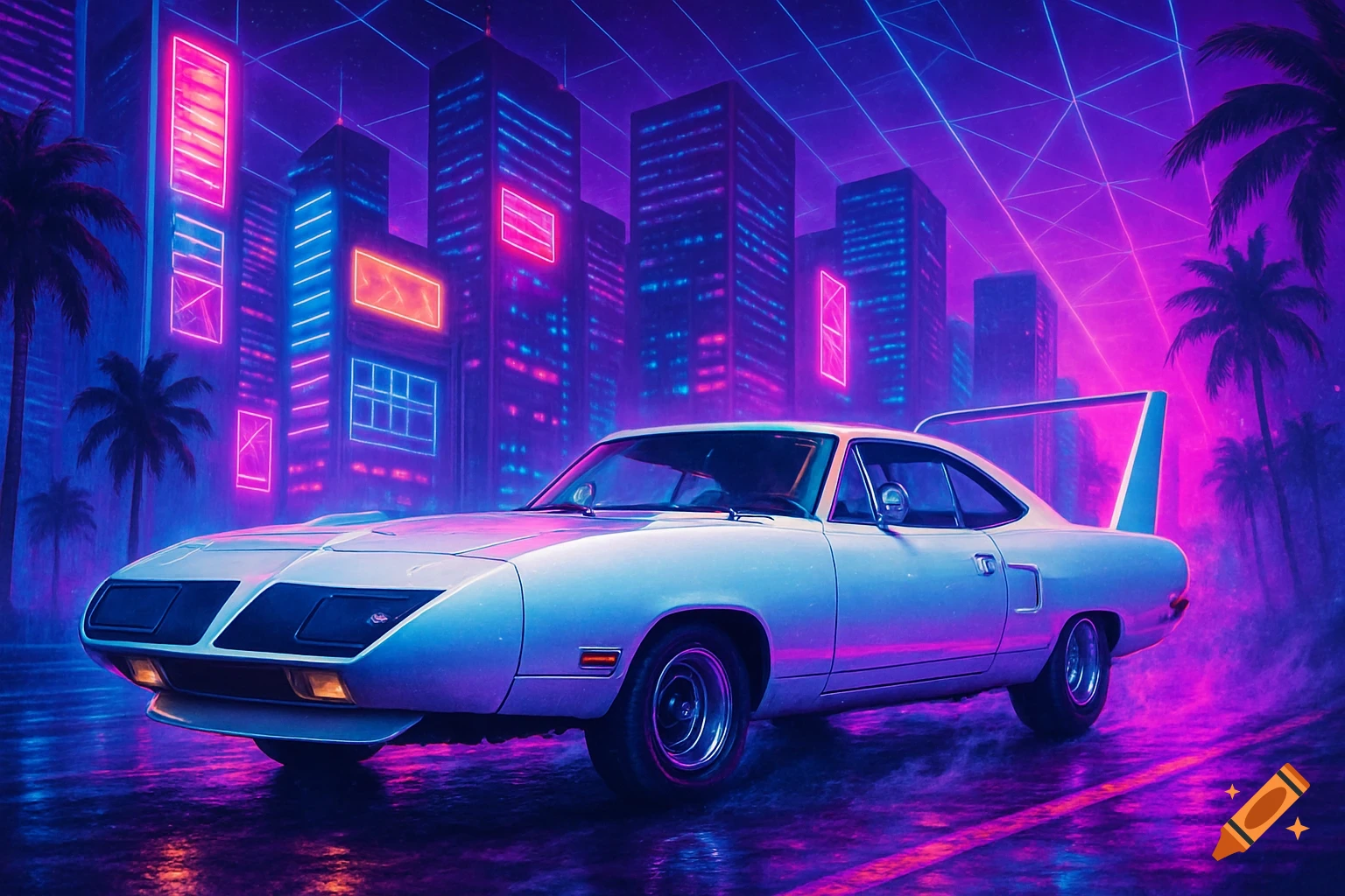 White Plymouth Superbird on a wet, neon-lit synthwave city street at night with glowing skyscrapers and palm trees.