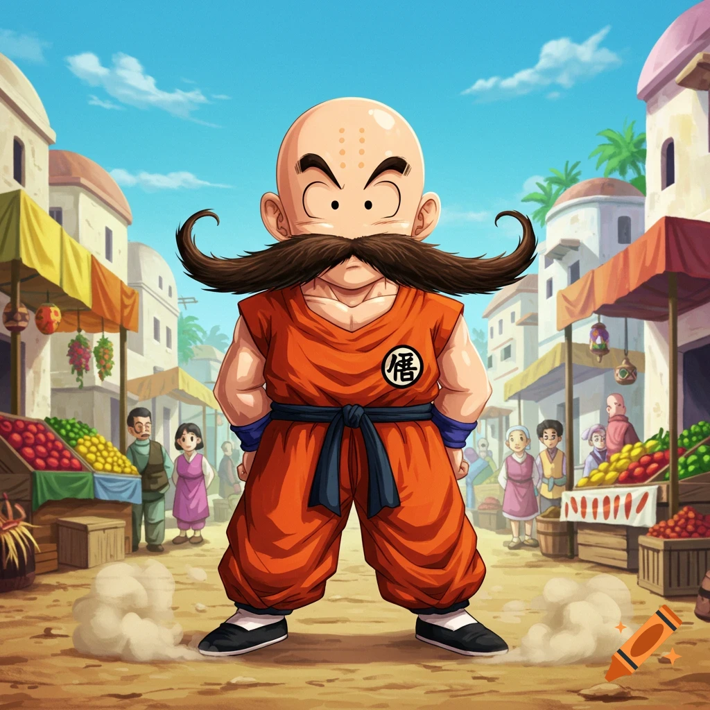 Anime character Krillin with a large curly mustache stands in a lively outdoor market.