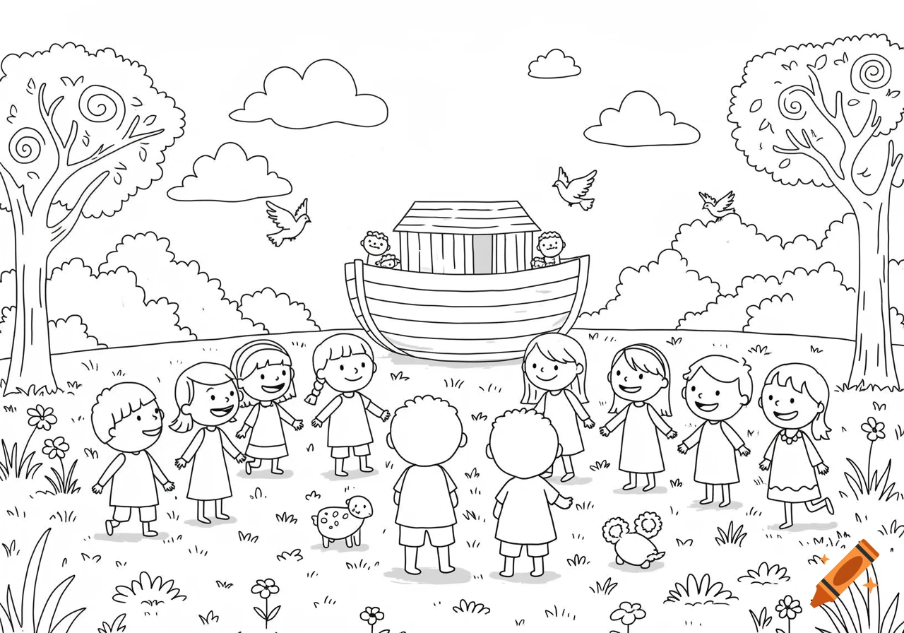 Black and white line art coloring page showing children and animals gathered around Noah's Ark under a cloudy sky.