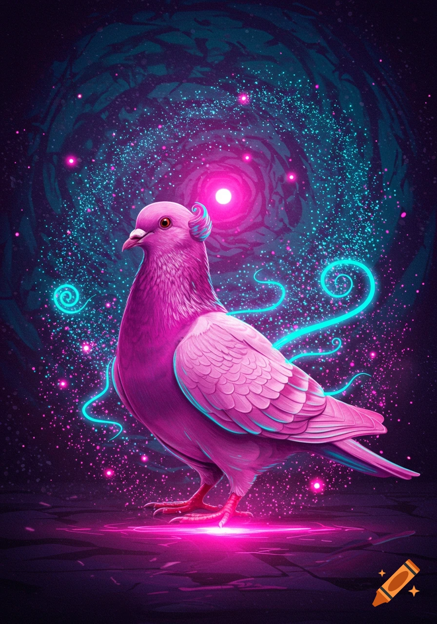 A vibrant pink pigeon stands on a glowing surface against a swirling, starry psychedelic background with neon lights.