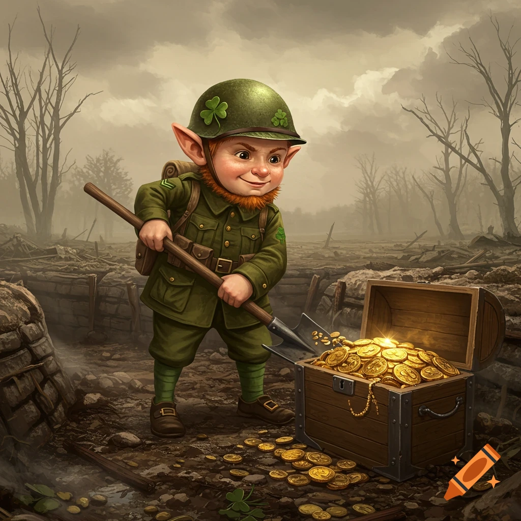 A smiling leprechaun in a WWII uniform and shamrock helmet digs gold from a chest on a desolate battlefield.