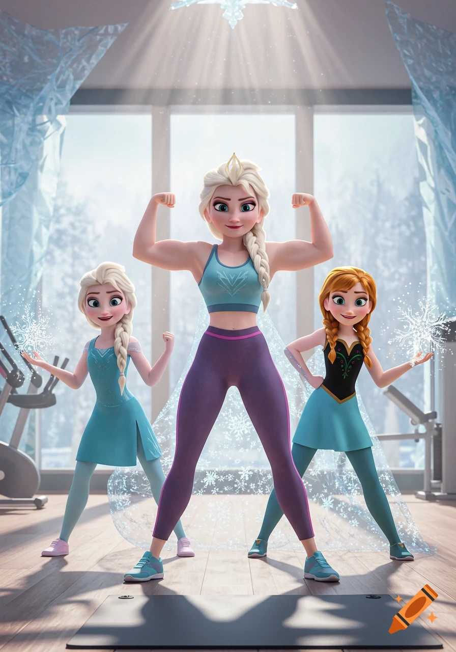 Elsa's mom, Elsa, and Anna from Frozen posing and flexing muscles in a snowy gym, in a 3D cartoon style.
