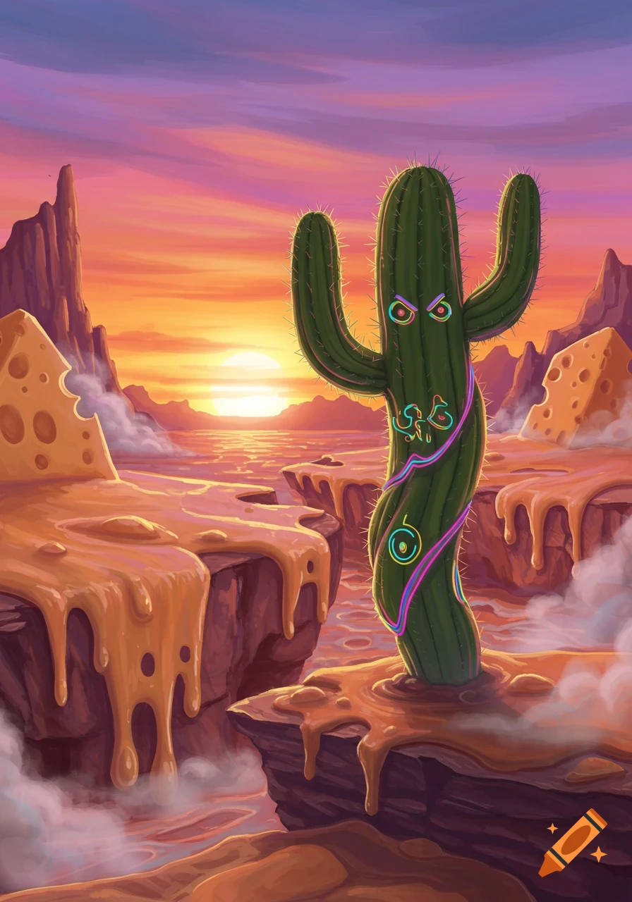 A vibrant illustration of a glowing, angry cactus in a surreal desert landscape with melting cheese cliffs at sunset.