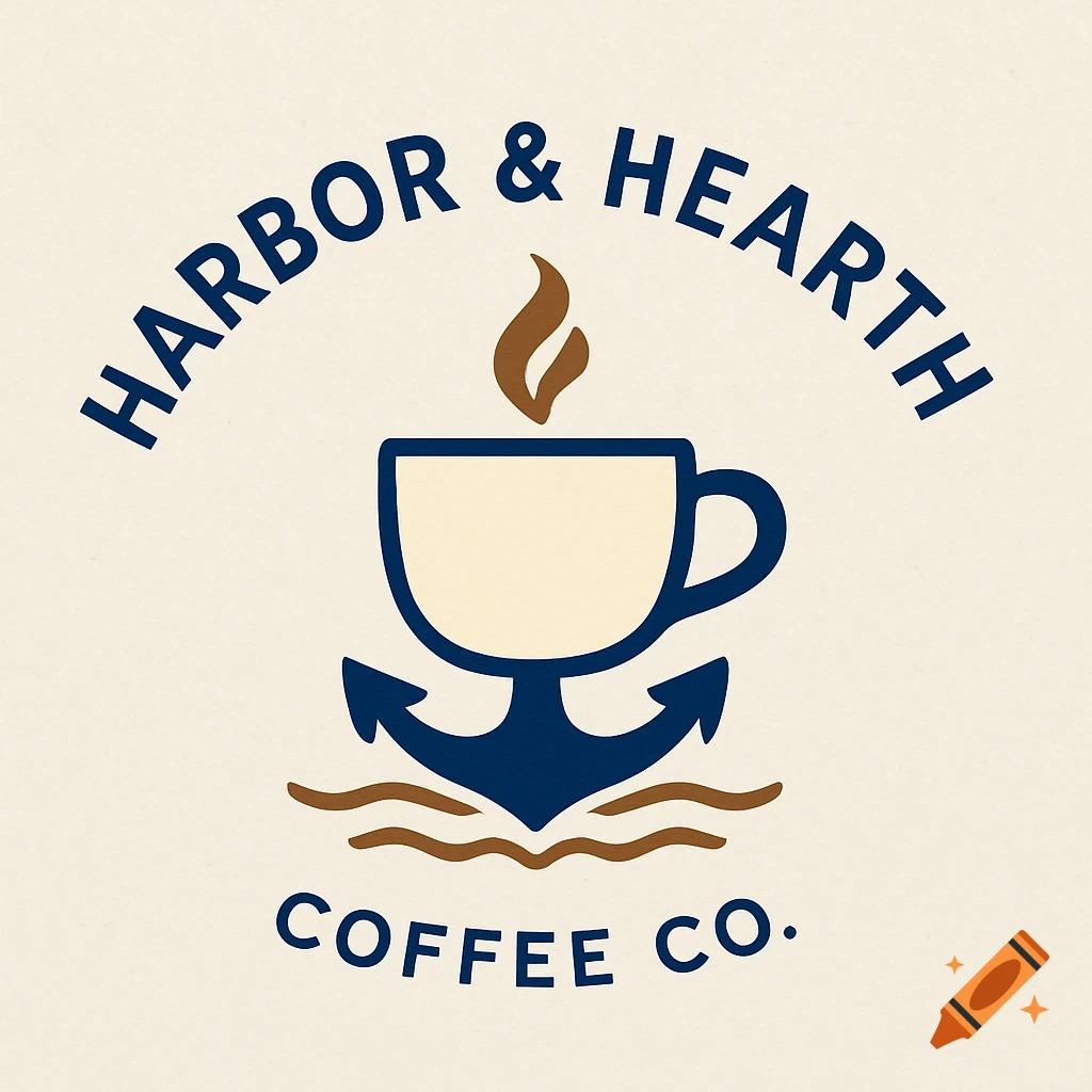 Logo for Harbor & Hearth Coffee Co. with a coffee cup, anchor, and waves, in navy, brown, and cream.