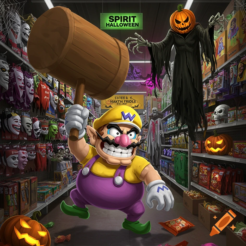 Wario in a Spirit Halloween store, swinging a large wooden hammer, with a pumpkin-headed reaper hanging in the background, amidst costumes.