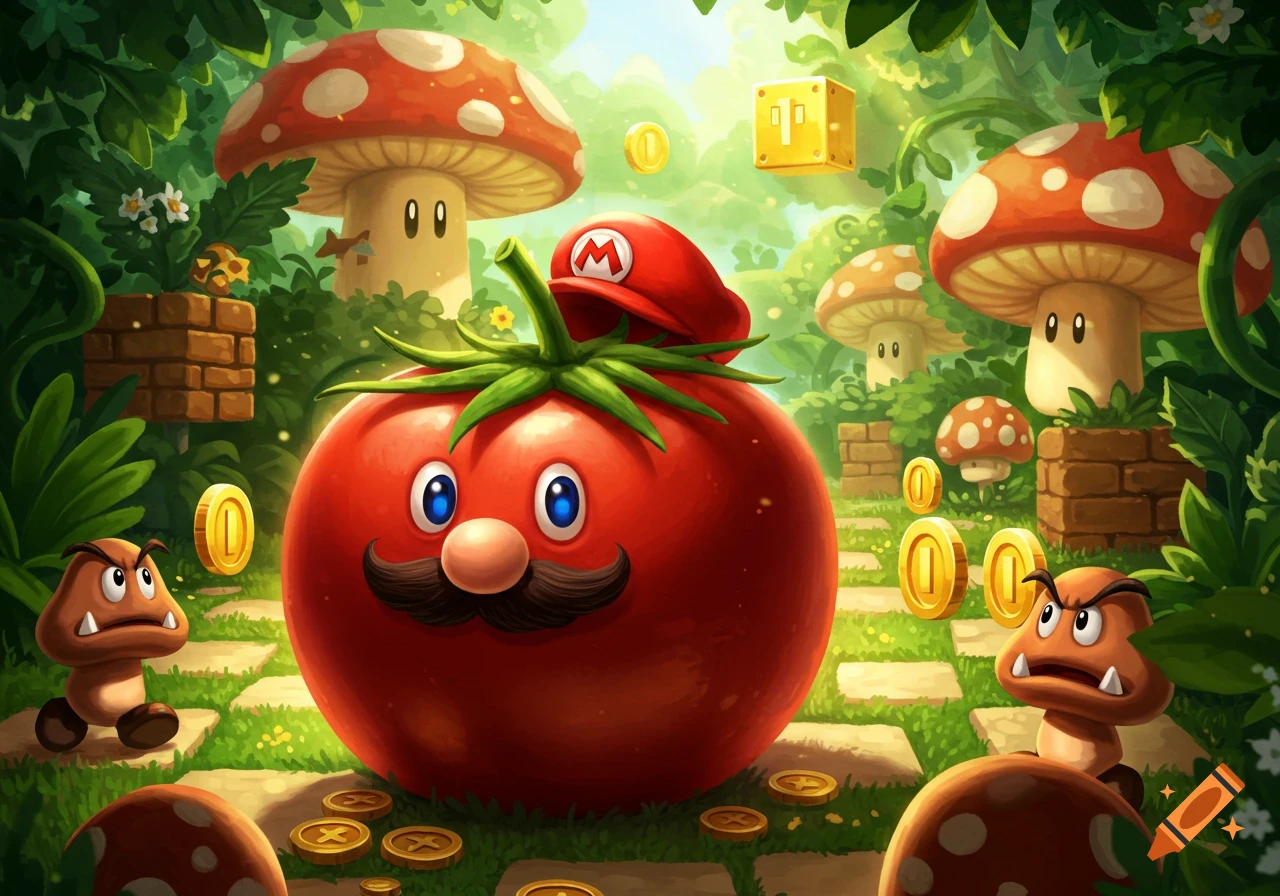 A vibrant cartoon image of a large red tomato with Mario's mustache and hat in a Super Mario Bros. level with Goombas, coins, and mushrooms.