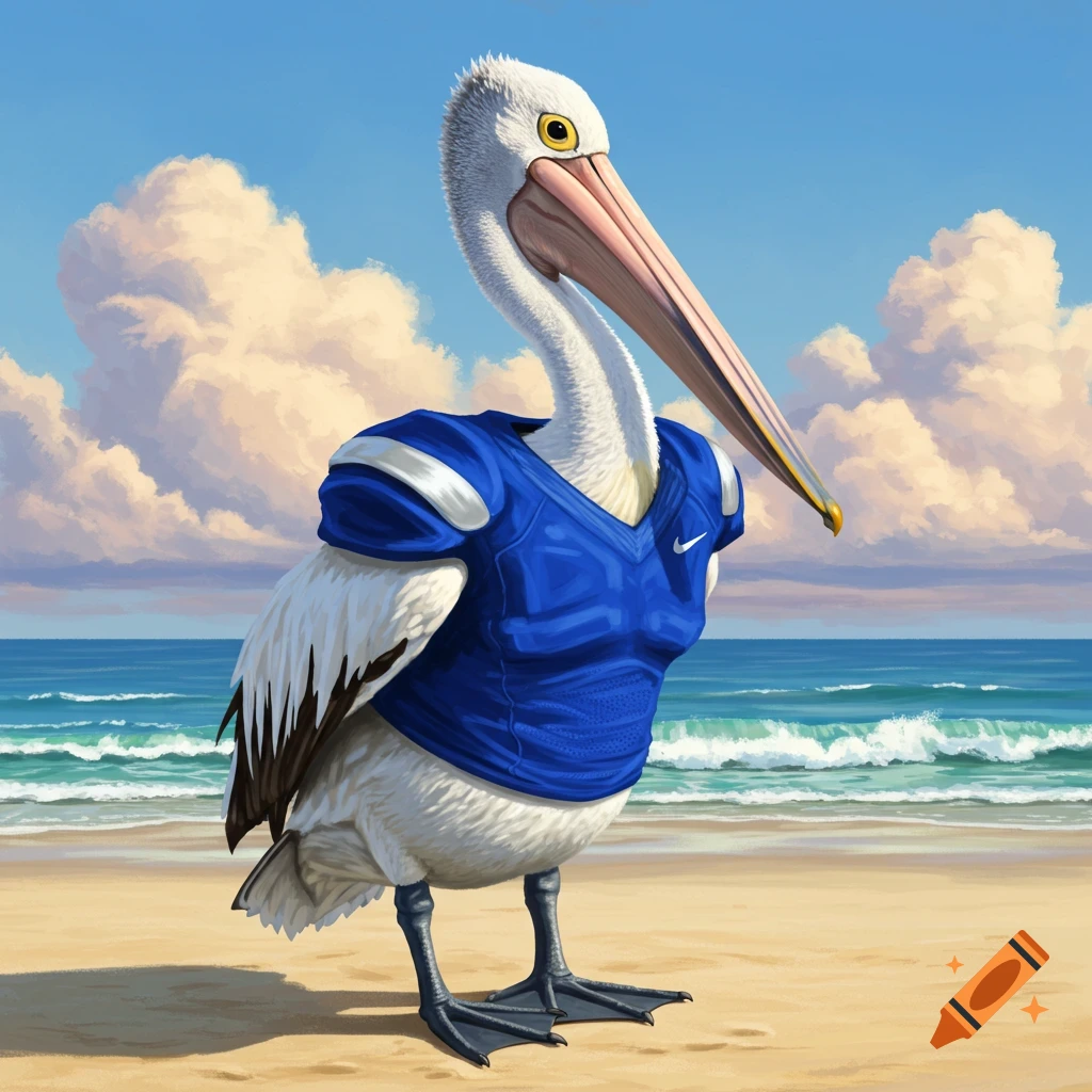 A white pelican wearing a royal blue football uniform stands on a sandy beach with ocean waves and a blue sky with clouds in the background.