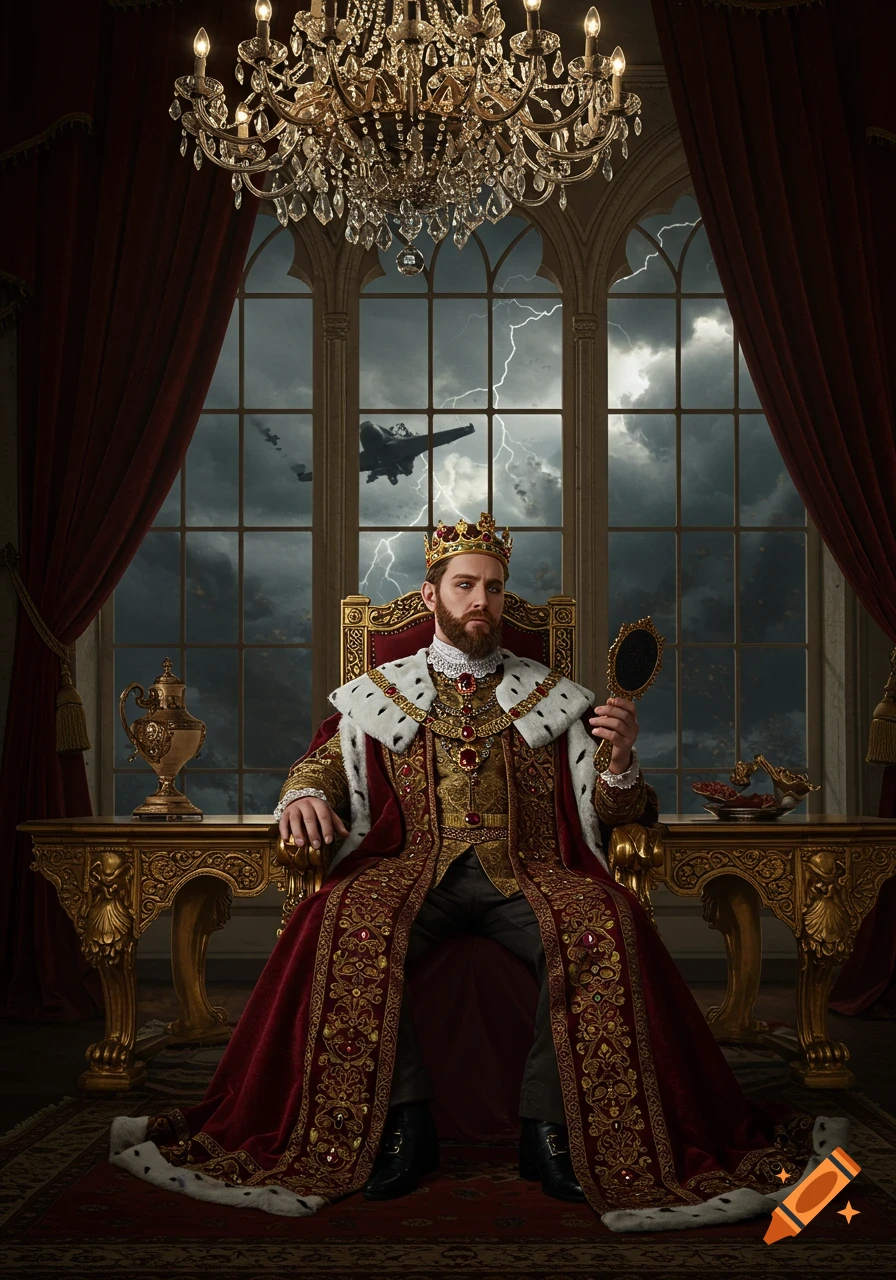 Photorealistic king in royal robes on golden throne, holding mirror. Stormy sky with lightning and jets visible through gothic window.