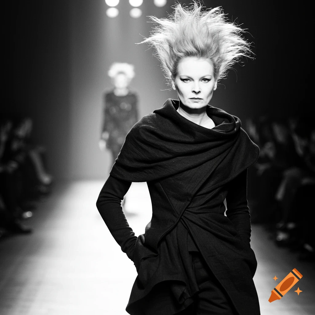 Black and white photo of a fashion model with dramatic spiky hair and dark, draped clothing on a runway.