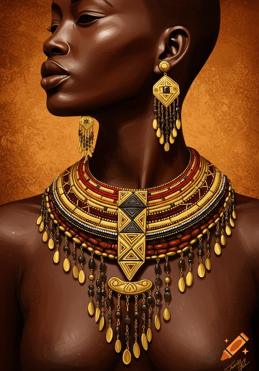 Close-up of a dark-skinned woman wearing intricate gold and beaded African tribal necklace and earrings against an orange background.