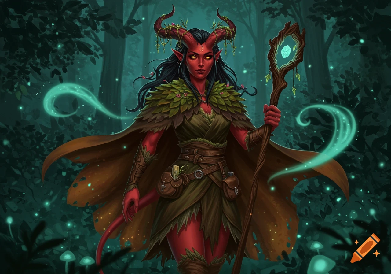 A red-skinned female tiefling druid with black hair and horns, wearing a leafy outfit and holding a glowing staff in a dark, magical forest.