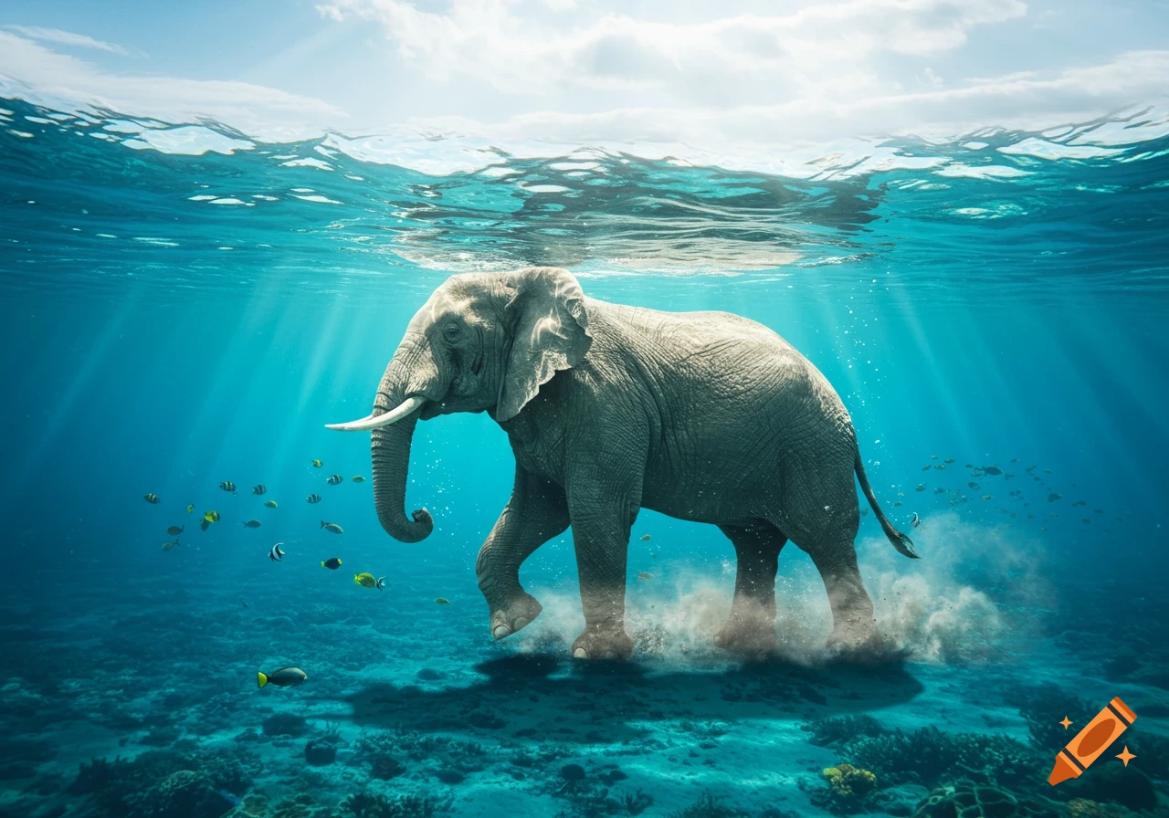 A large elephant walks on the sandy ocean floor amidst tropical fish, with sunlight streaming through the blue water from the surface.