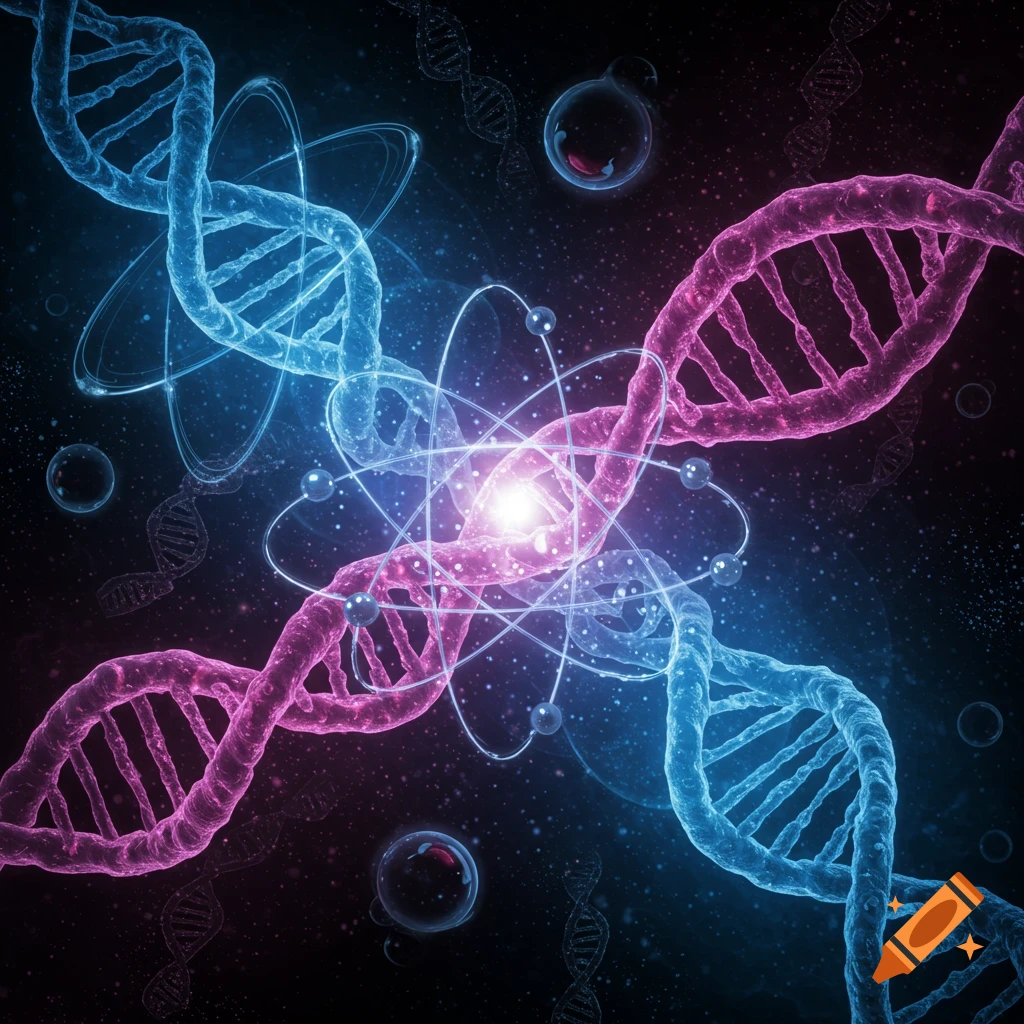 Glowing blue and pink DNA strands intertwine with a central atom against a dark, starry background, a science concept.