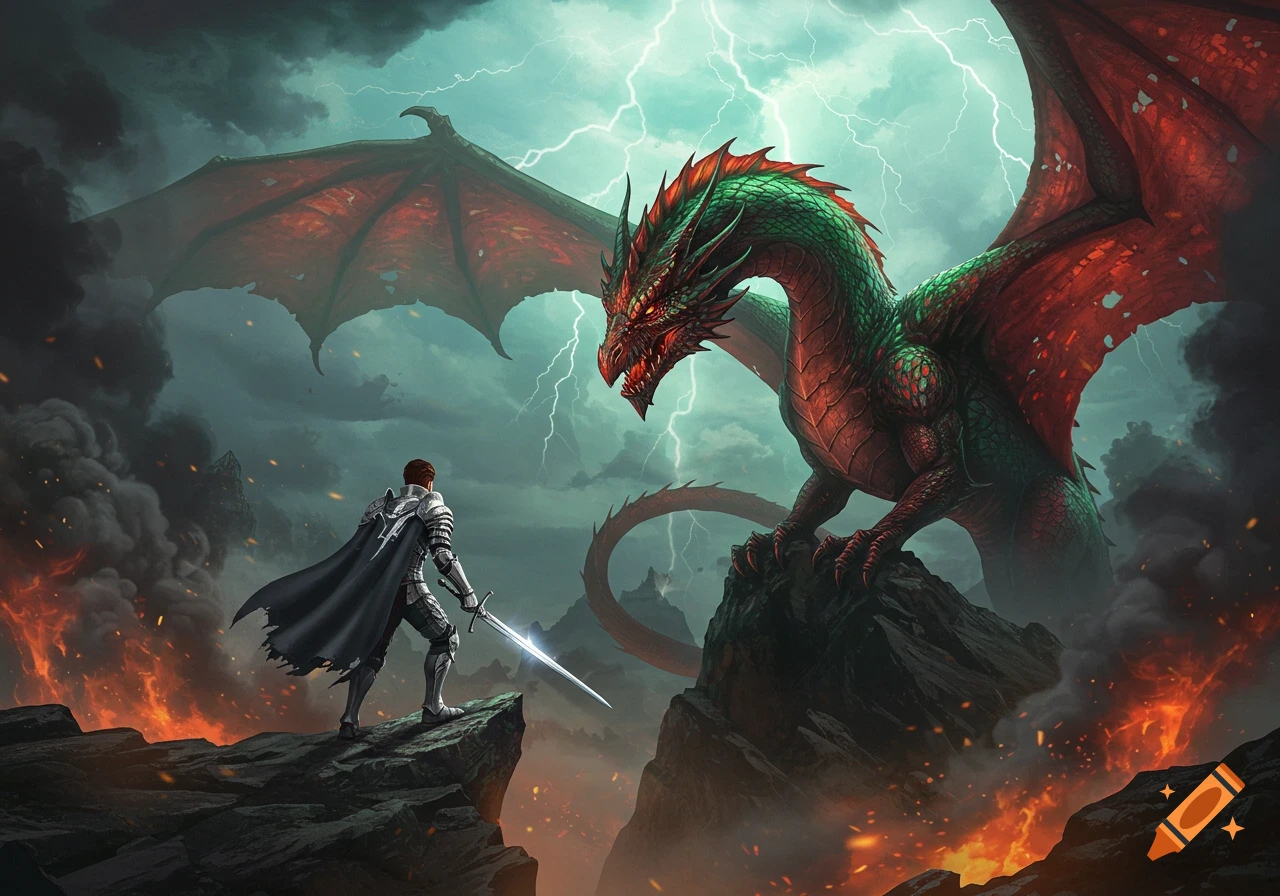 A knight with a glowing sword faces a massive green and red dragon in a stormy, fiery fantasy landscape with lightning.