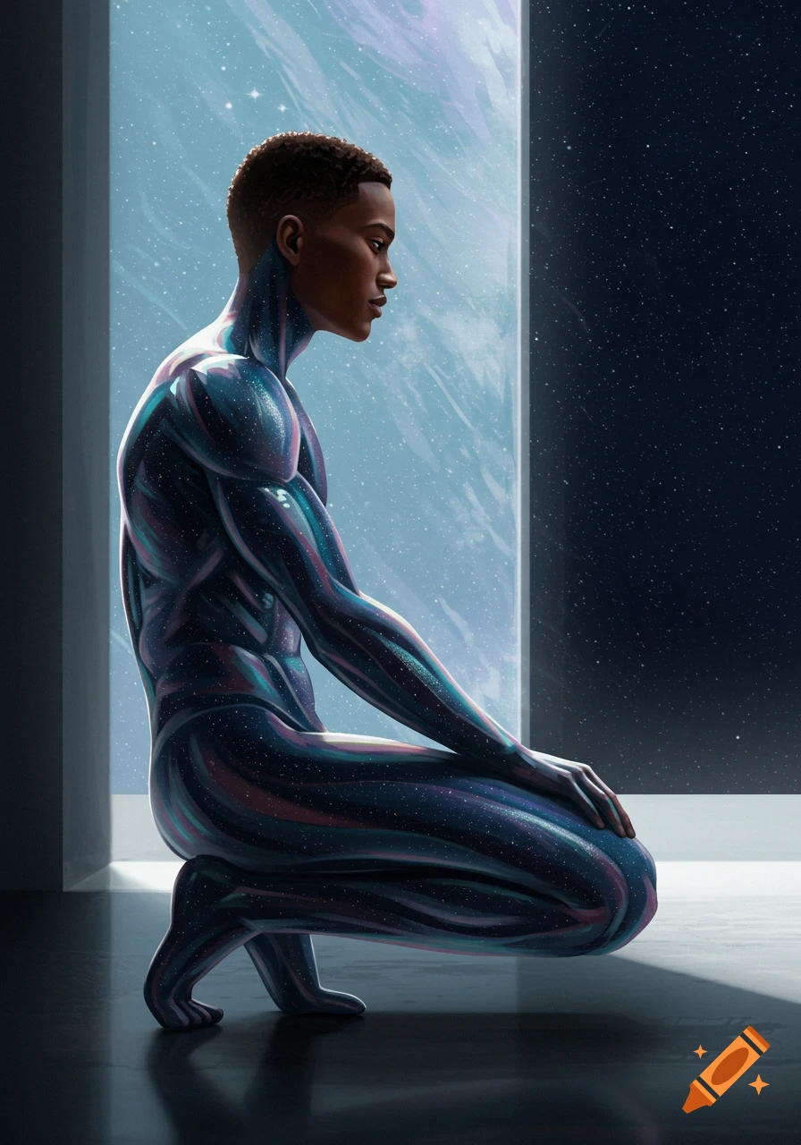 Side view of a kneeling person with a cosmic, star-filled body suit looking out a window at a starry sky.