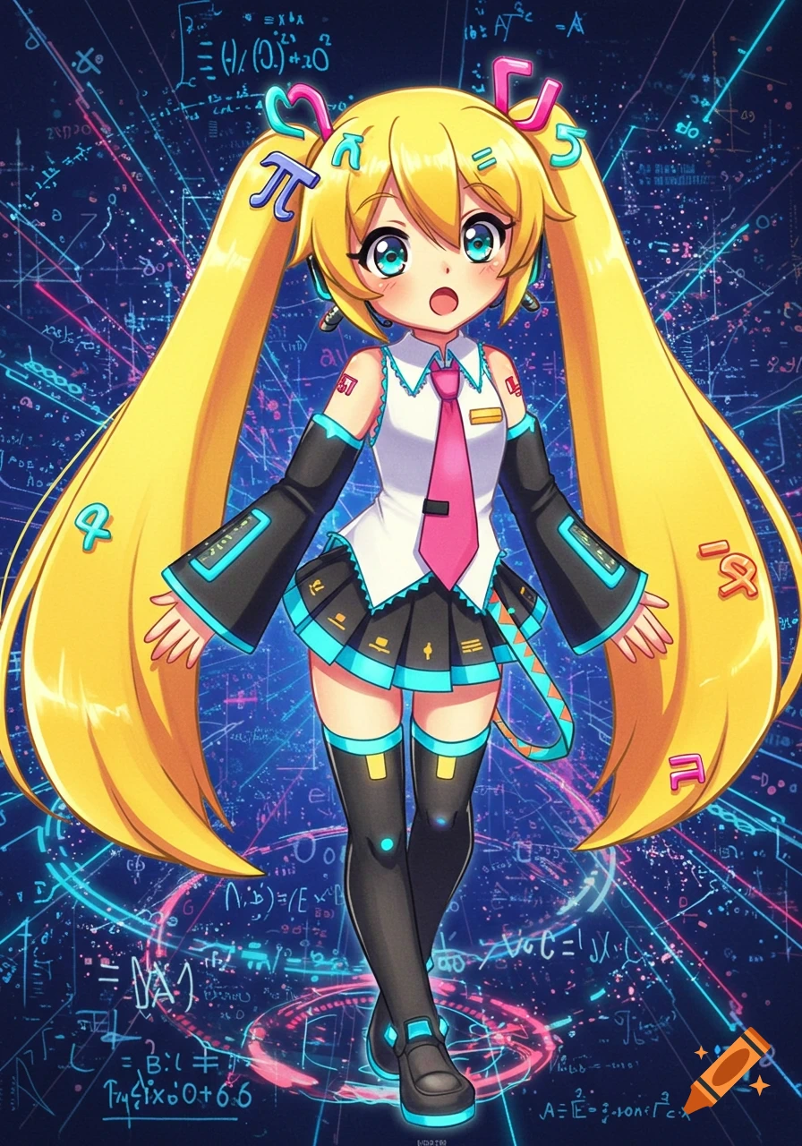 An anime girl with long blonde hair, wearing a white shirt, pink tie, and black skirt, adorned with mathematical symbols, stands against a dark blue background filled with glowing equations and lines in a digital, futuristic style.