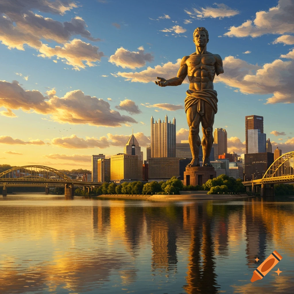 Giant classical male statue stands over the Pittsburgh skyline, with a river and bridges reflecting the sunset sky, photorealistic.